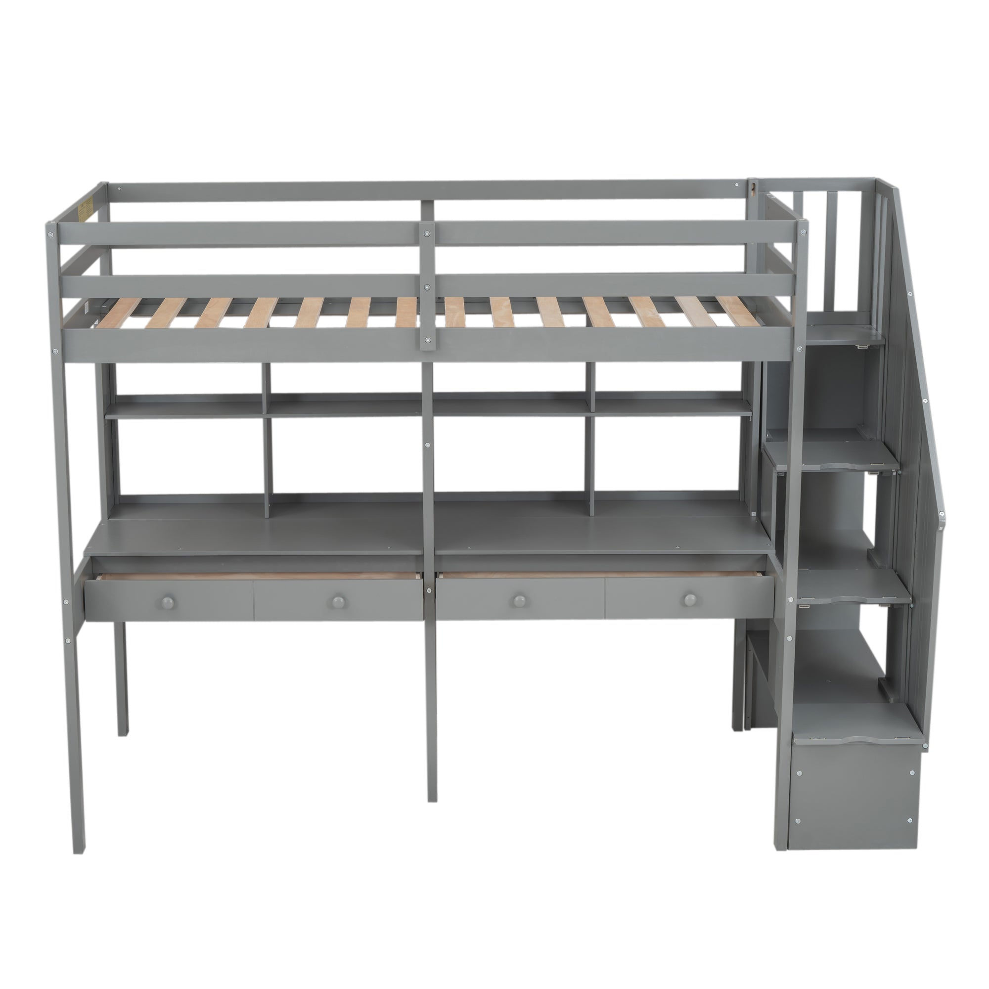 Twin Size Loft Bed Frame with Storage Staircase and Double Desks and Shelves,Gray