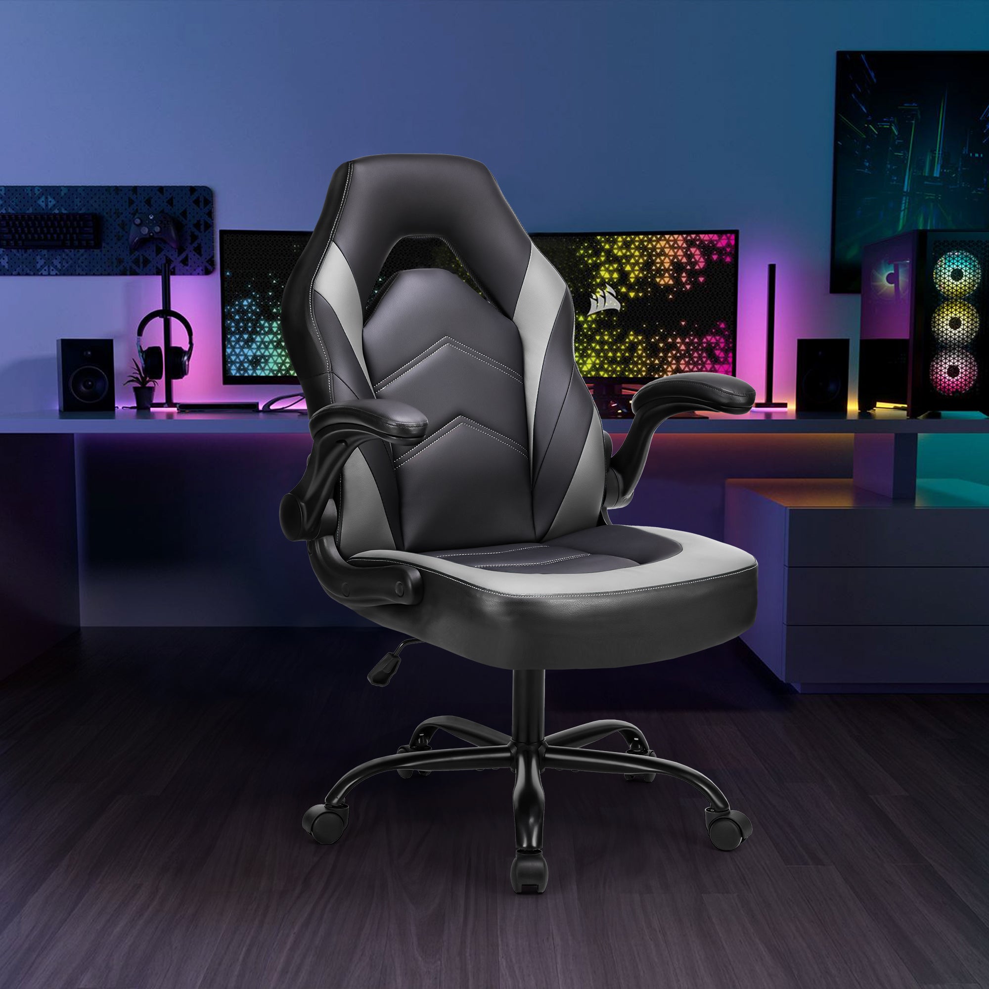 Sweetcrispy Gaming Chair - PU Leather Computer Chair Ergonomic Office Chair with Lumbar Support, Height Adjustable Rolling Desk Chairs with Flip-up Armrests