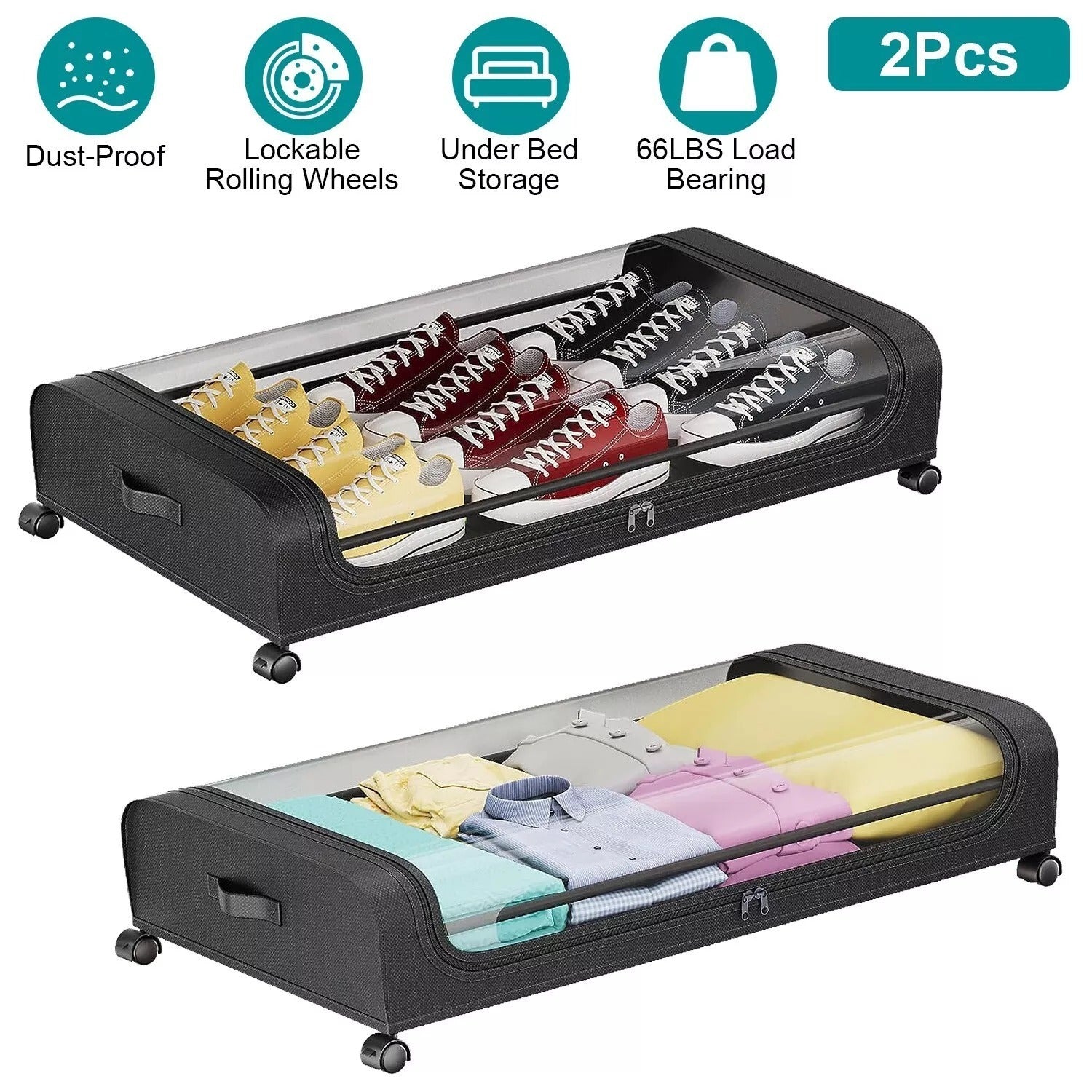 2Pcs Under Bed Storage Containers - Rolling Drawers for Clothing & Space Saving