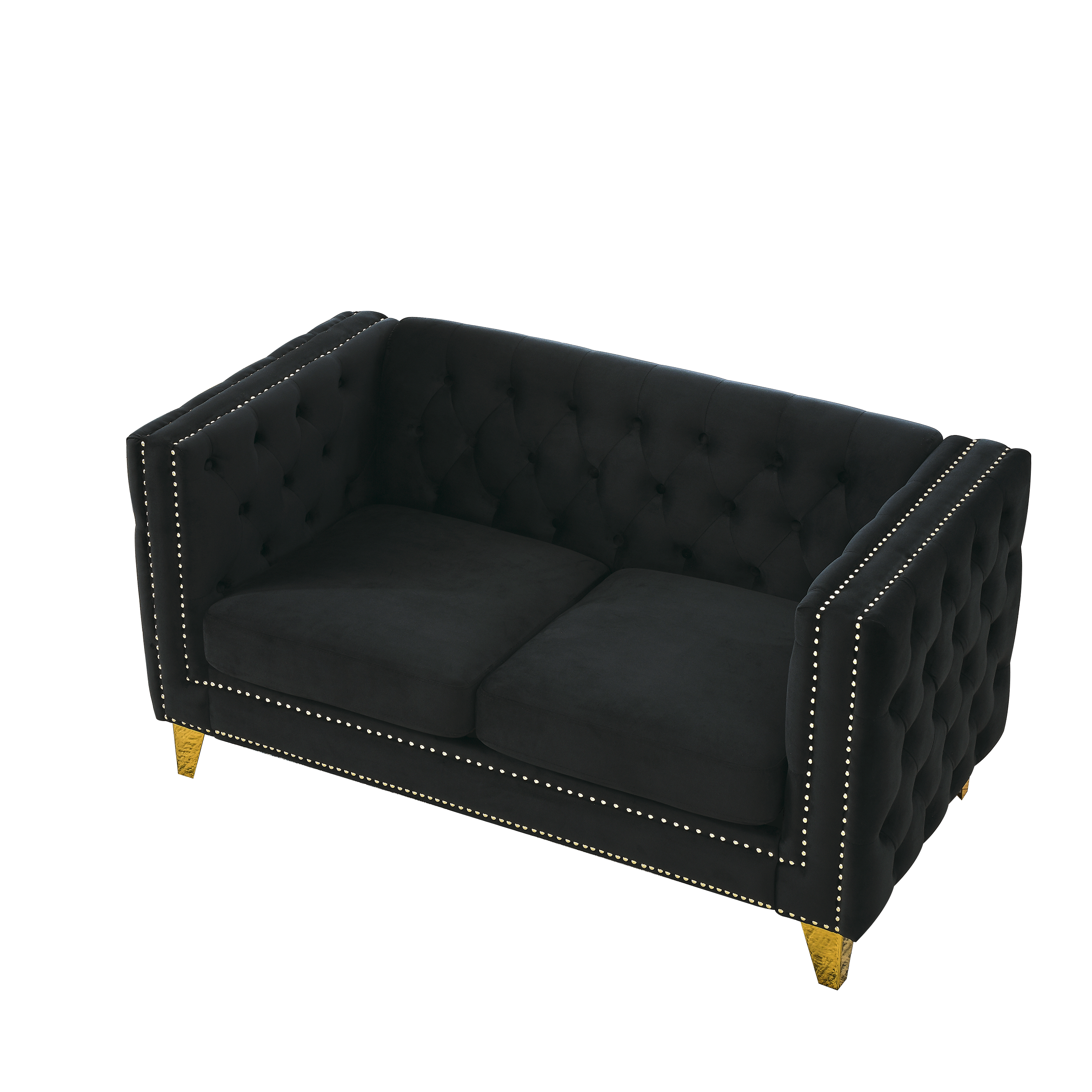 {Contact us for 3D modeling} Velvet Sofa for Living Room,Buttons Tufted Square Arm Couch, Modern Couch Upholstered Button and Metal Legs, Sofa Couch for Bedroom, Black Velvet-2S(W834S00053)