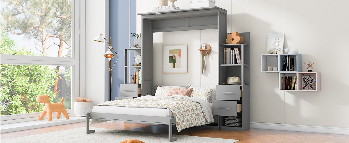 Queen Size Murphy Bed Wall Bed with Shelves, Drawers and LED Lights,Gray