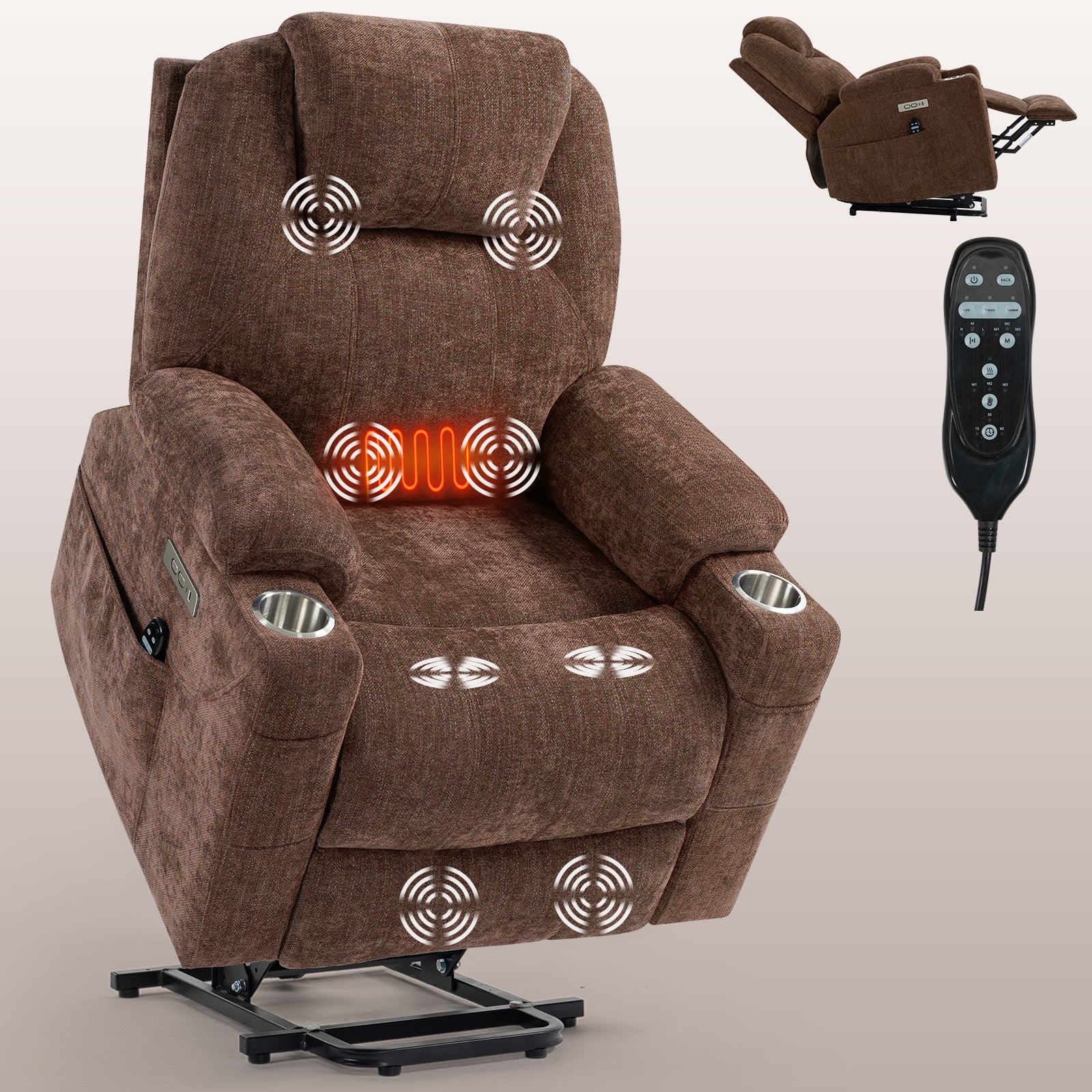 Up to 350 LBS Chenille Power Lift Recliner Chair, Heavy Duty Motion Mechanism with 8-Point Vibration Massage and Lumbar Heating, USB and Type-C Ports, Stainless Steel Cup Holders, Brown