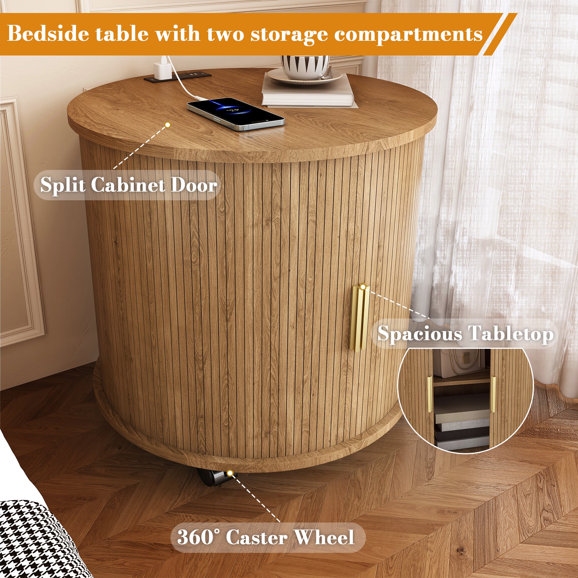 Cylinder bedside table with built-in charging station, detail view