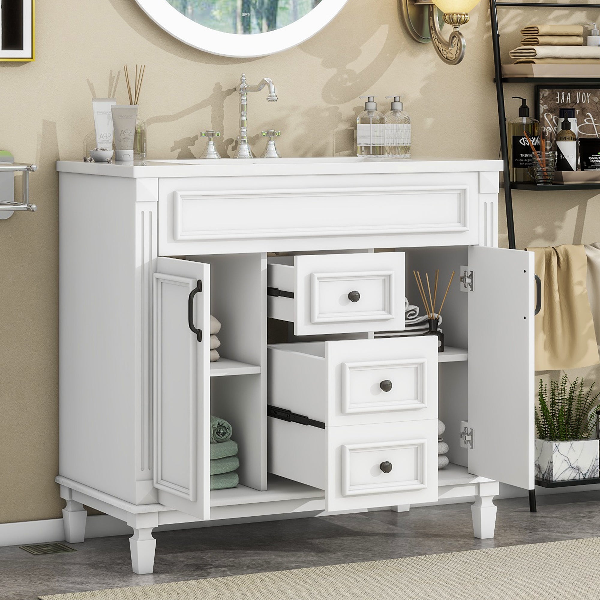 36-inch modern single-sink vanity cabinet with 2 doors open showing storage