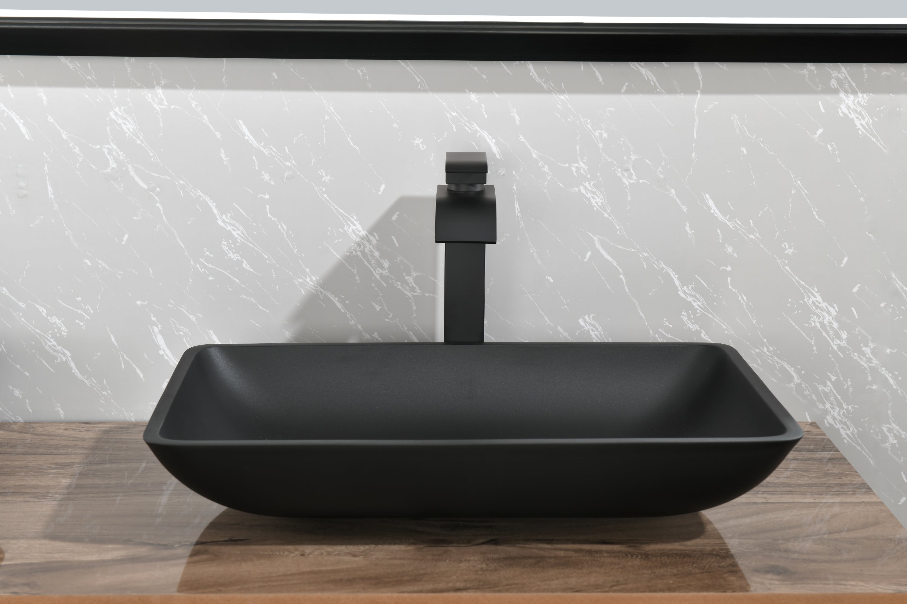 14.38" L -22.25" W -4-3/8 in. H Matte Shell  Glass Rectangular Vessel Bathroom Sink in Black with  Faucet and Pop-Up Drain in Matte Black