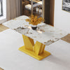 Modern minimalist rectangular dining table, 0.4 "thick, imitation marble patterned glass tabletop, gold MDF legs. "71" * 35.4" *30"