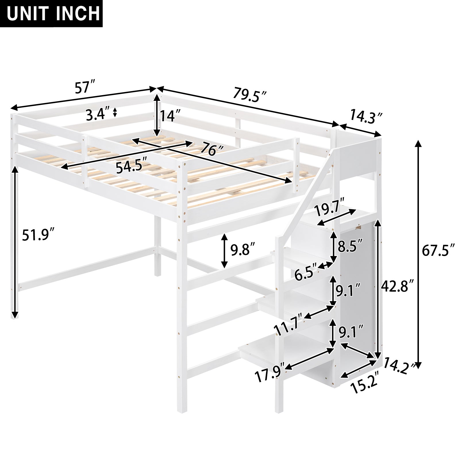 Full Size Loft Bed with Built-in Storage Wardrobe and Staircase, White