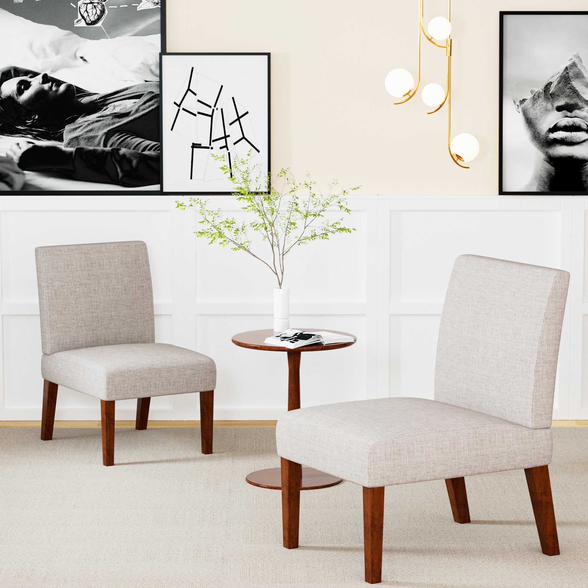 Fabric Accent Chair Set of 2 with Round Wood Table, Decorative Slipper Chair Vanity Chair for Bedroom Home Office, Corner Side Chair [Video]