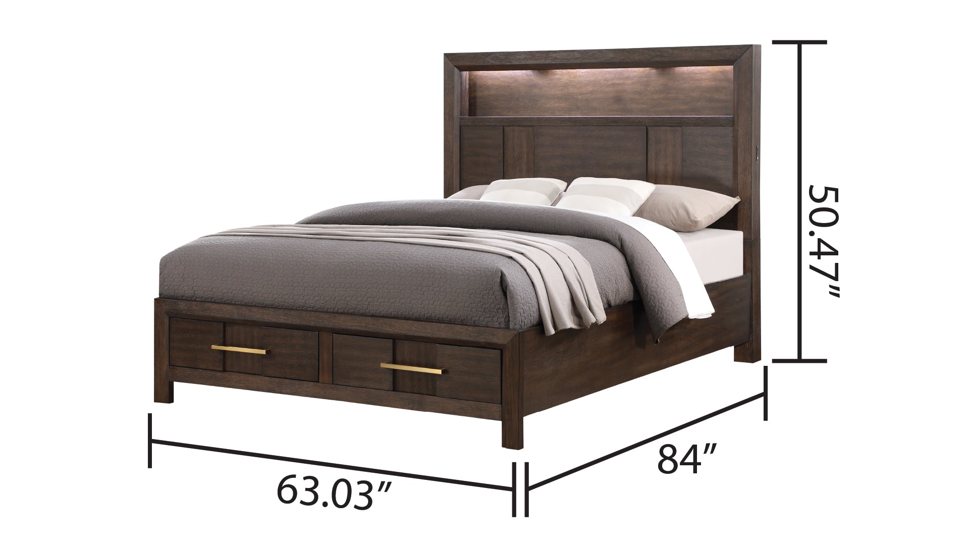 Modern Style Queen Bed Made with Wood & LED Headboard with bookshelf in Walnut