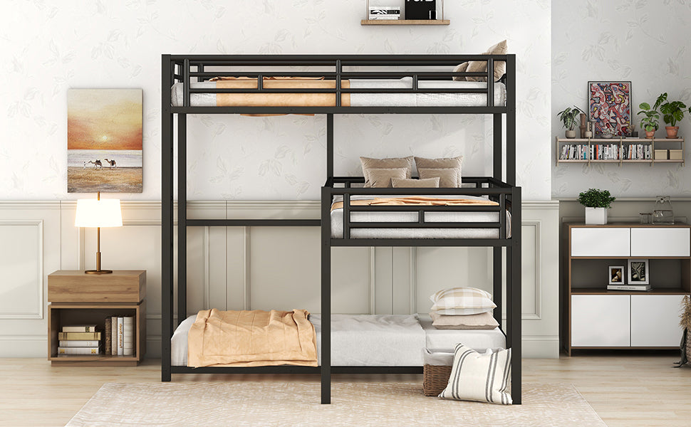 L-shaped Metal Triple Twin Size Bunk Bed, Black(OLD SKU:SM000605AAB)