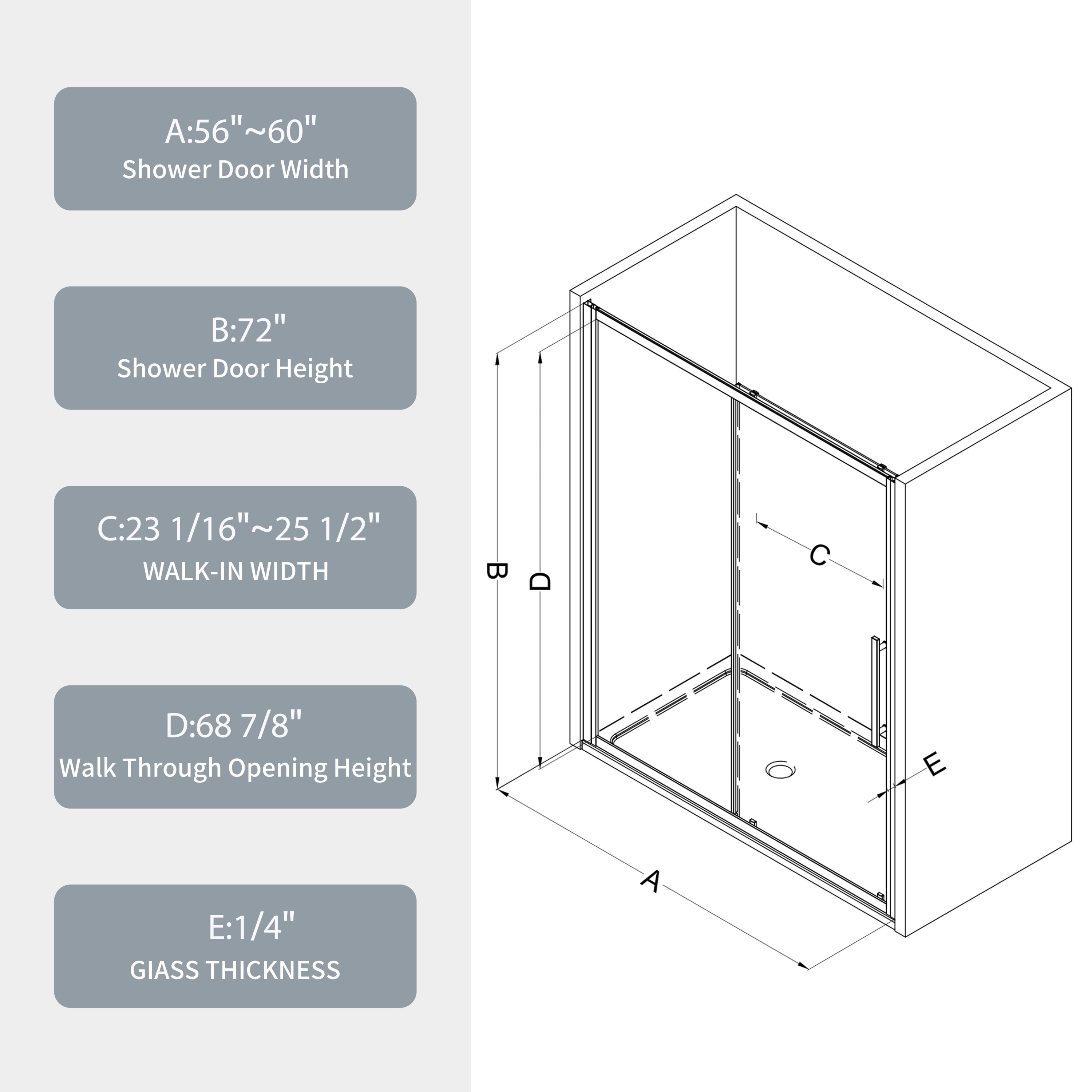 56"-60"W x 72"H sliding shower door, sliding door, with 1/4" tempered glass and Polished Chrome finish 6072