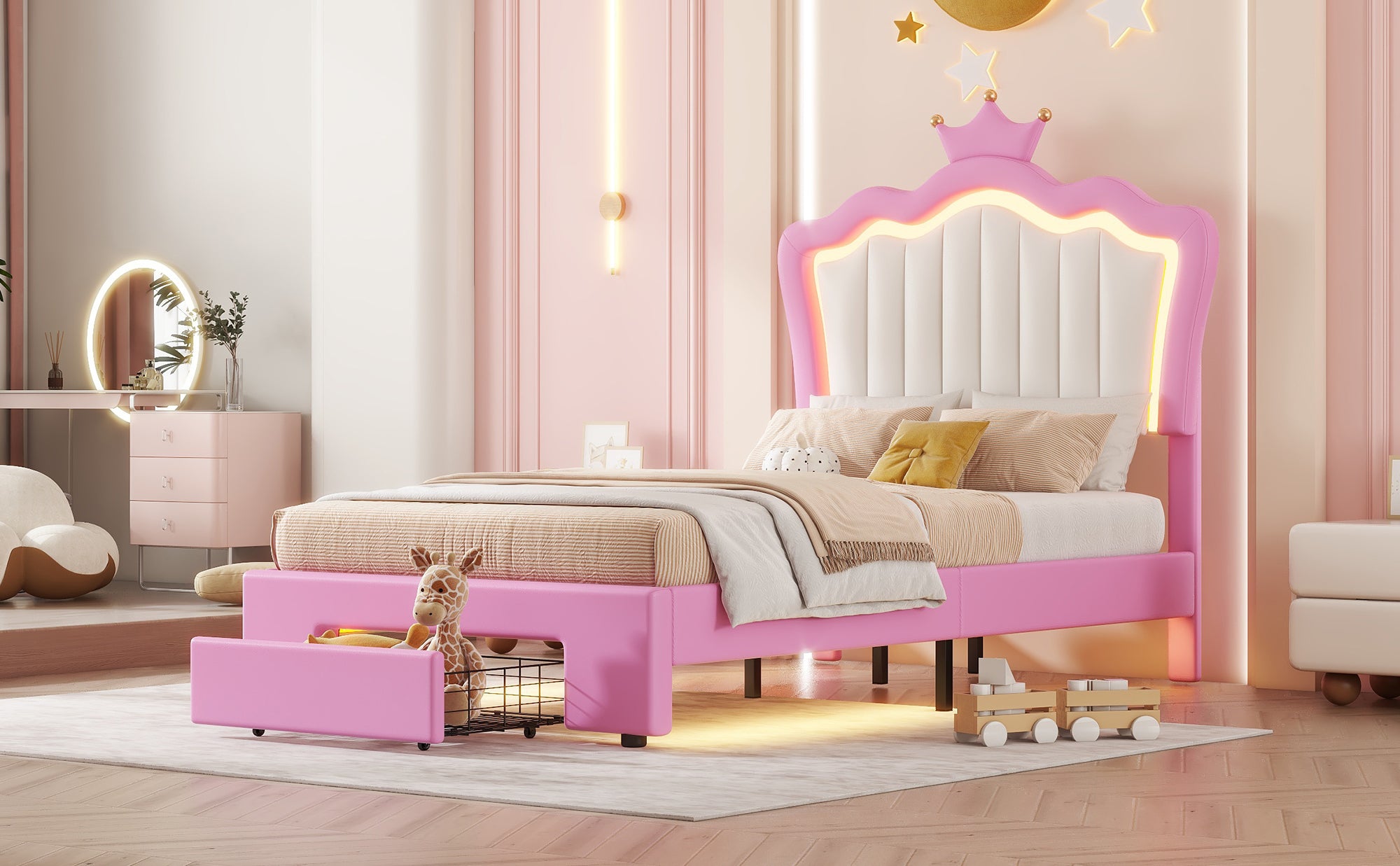 Twin Size Upholstered Bed Frame with LED Lights, Modern Upholstered Princess Bed with Crown Headboard, a Drawer, Pink+White