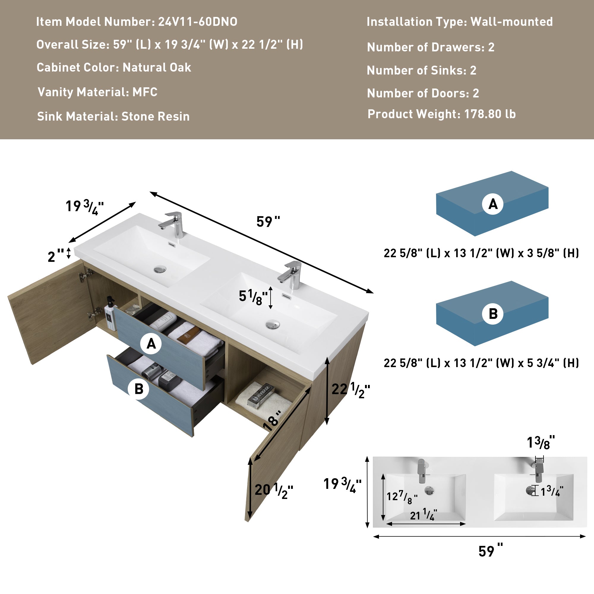 60" Floating Bathroom Vanity with Sink, Modern Wall-Mounted Bathroom Storage Vanity Cabinet with Double Resin Top Basins and Soft Close Drawers, Natural Oak 24V11-60DNO