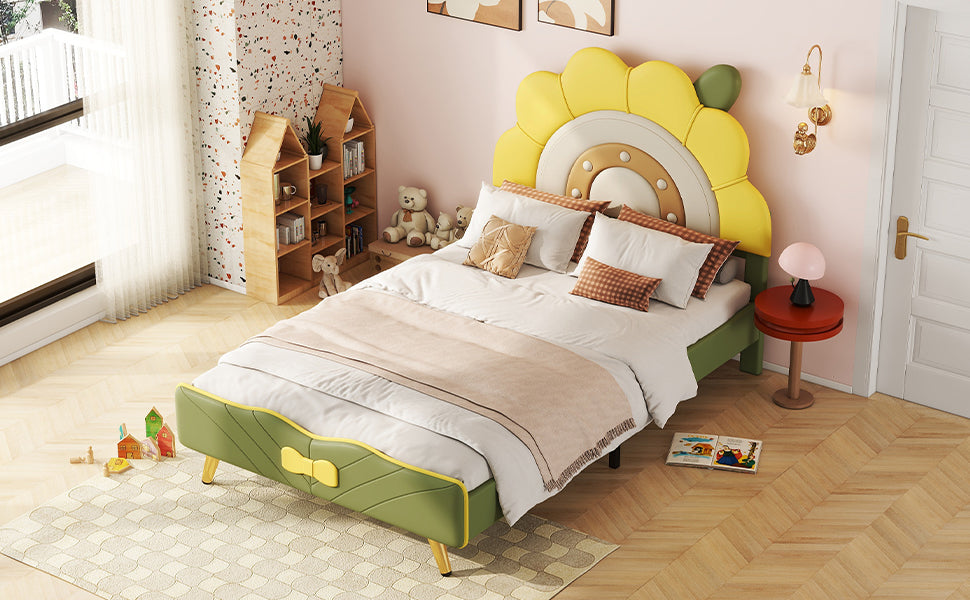 Twin Size Upholstered Platform Bed with Sunflower Shaped Headboard, Green