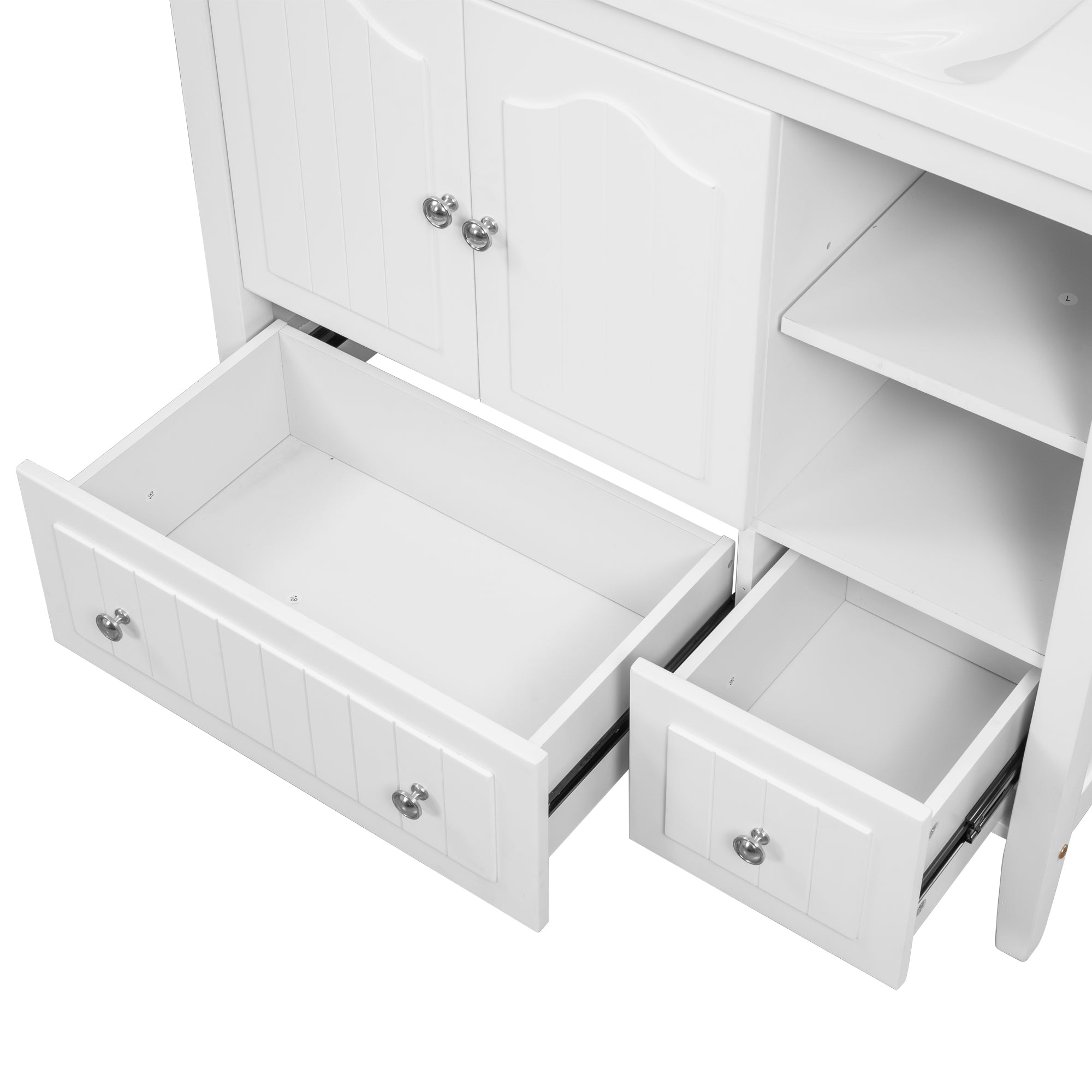 [VIDEO] 36" Bathroom Vanity with Ceramic Basin, Bathroom Storage Cabinet with Two Doors and Drawers, Solid Frame, Metal Handles, White