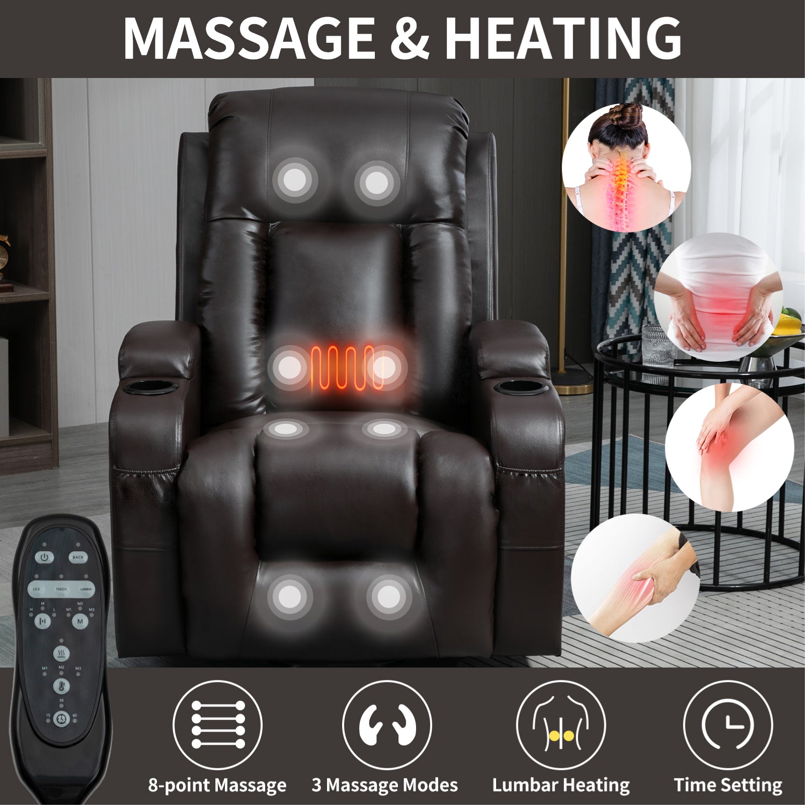 Infinite Position Up to 350 LBS Power Lift Recliner Chair for Elderly, Heavy Duty Motion Mechanism with 8-Point Vibration Massage and Lumbar Heating, USB Charging Port, Cup Holders, Brown