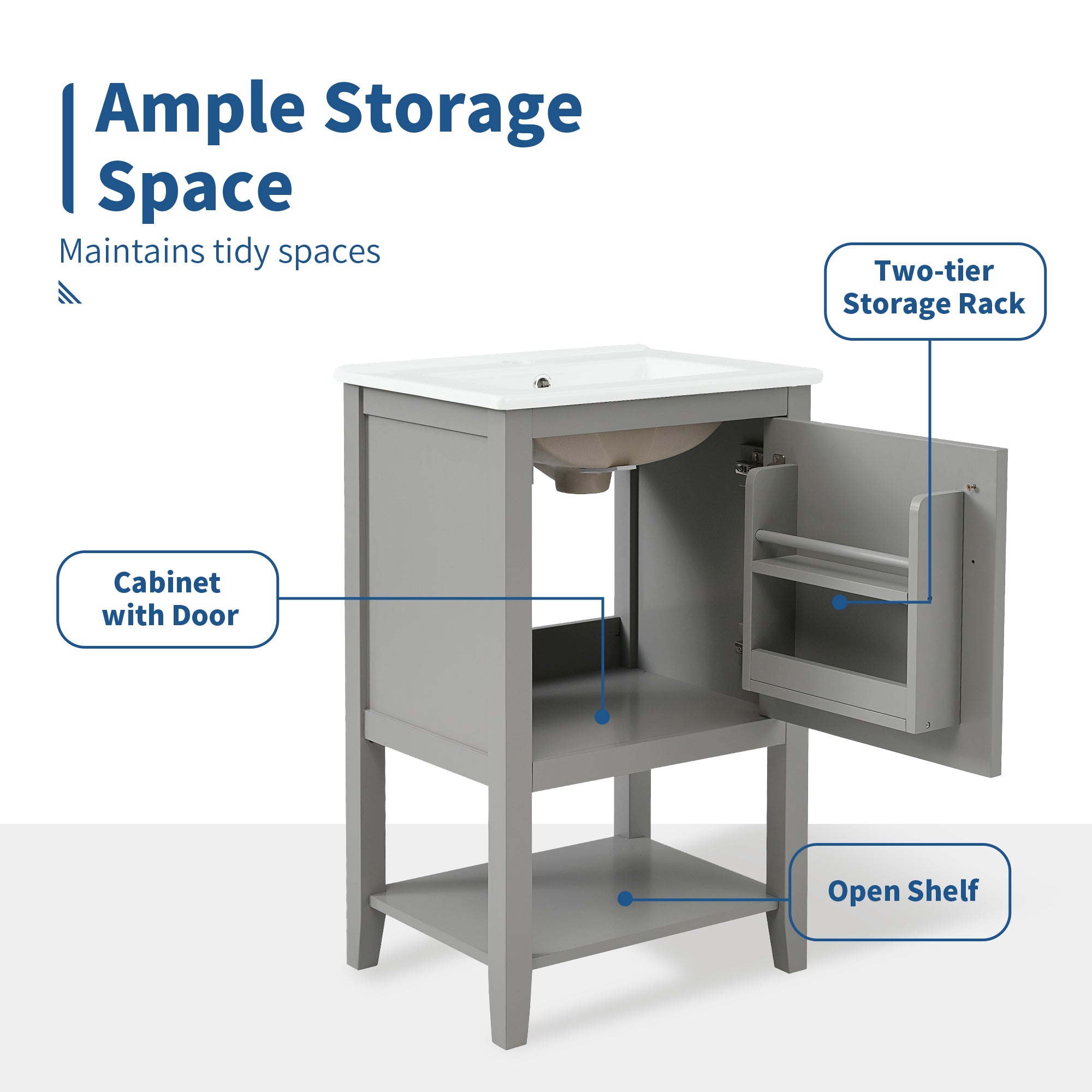 20" Bathroom Vanity with Sink, Bathroom Cabinet with Soft Closing Door, Storage Rack and Open Shelf, Grey