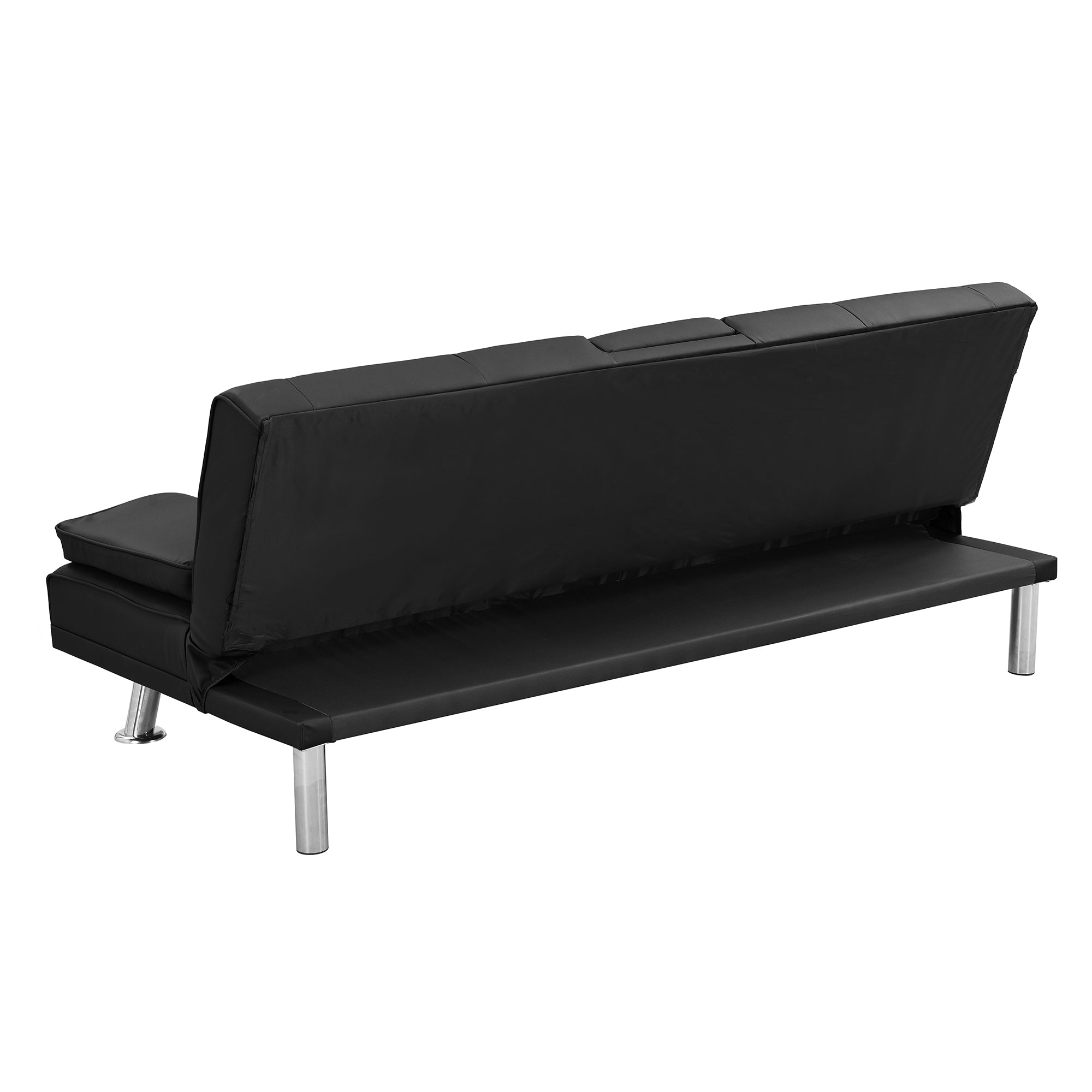 Sofa Bed with Armrest two holders WOOD FRAME, STAINLESS LEG, FUTON BLACK PVC