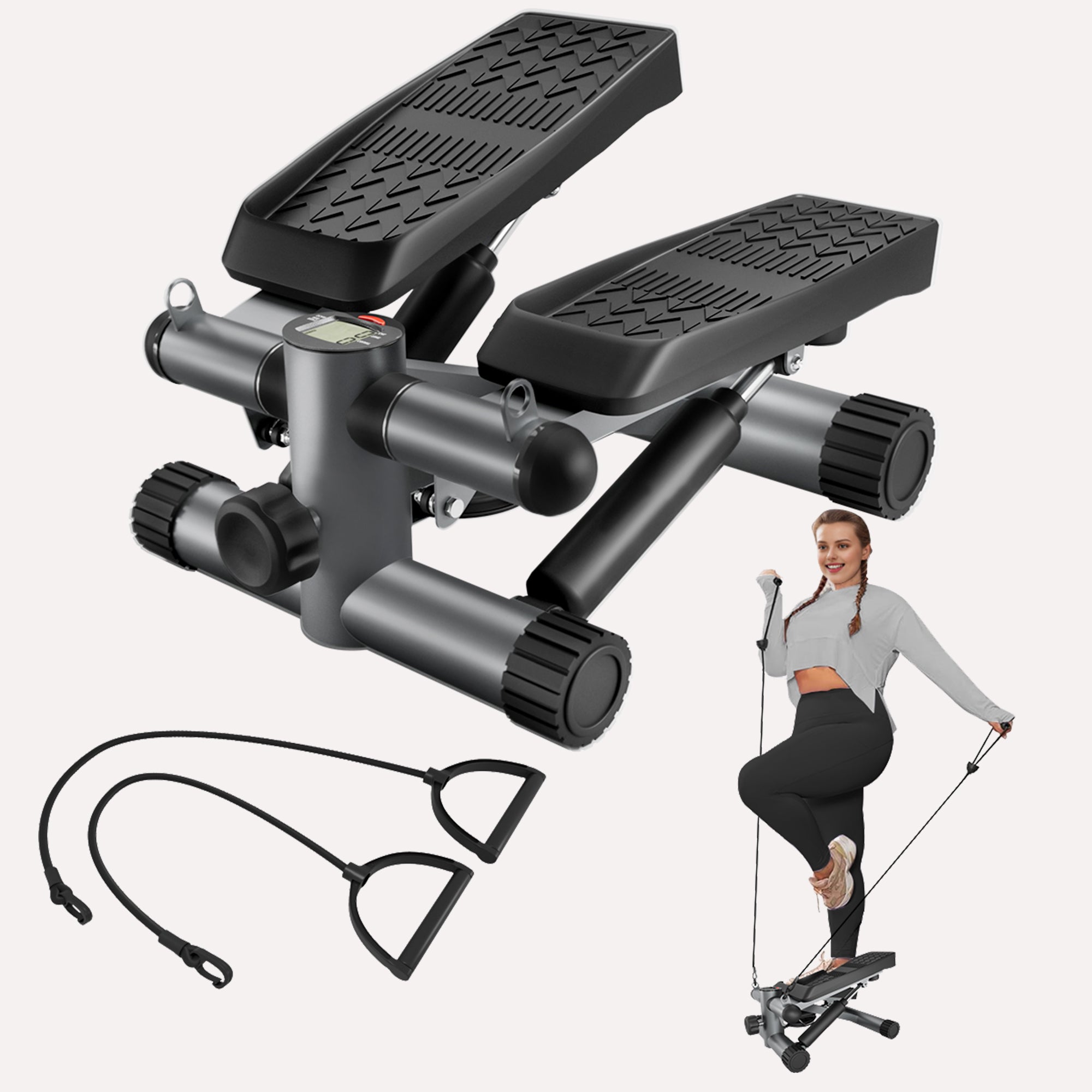 Steppers for Exercise, Stair Stepper with Resistance Bands, Mini Stepper with 330LBS Loading Capacity, Hydraulic Fitness Stepper with LCD Monitor, No Assembly Required