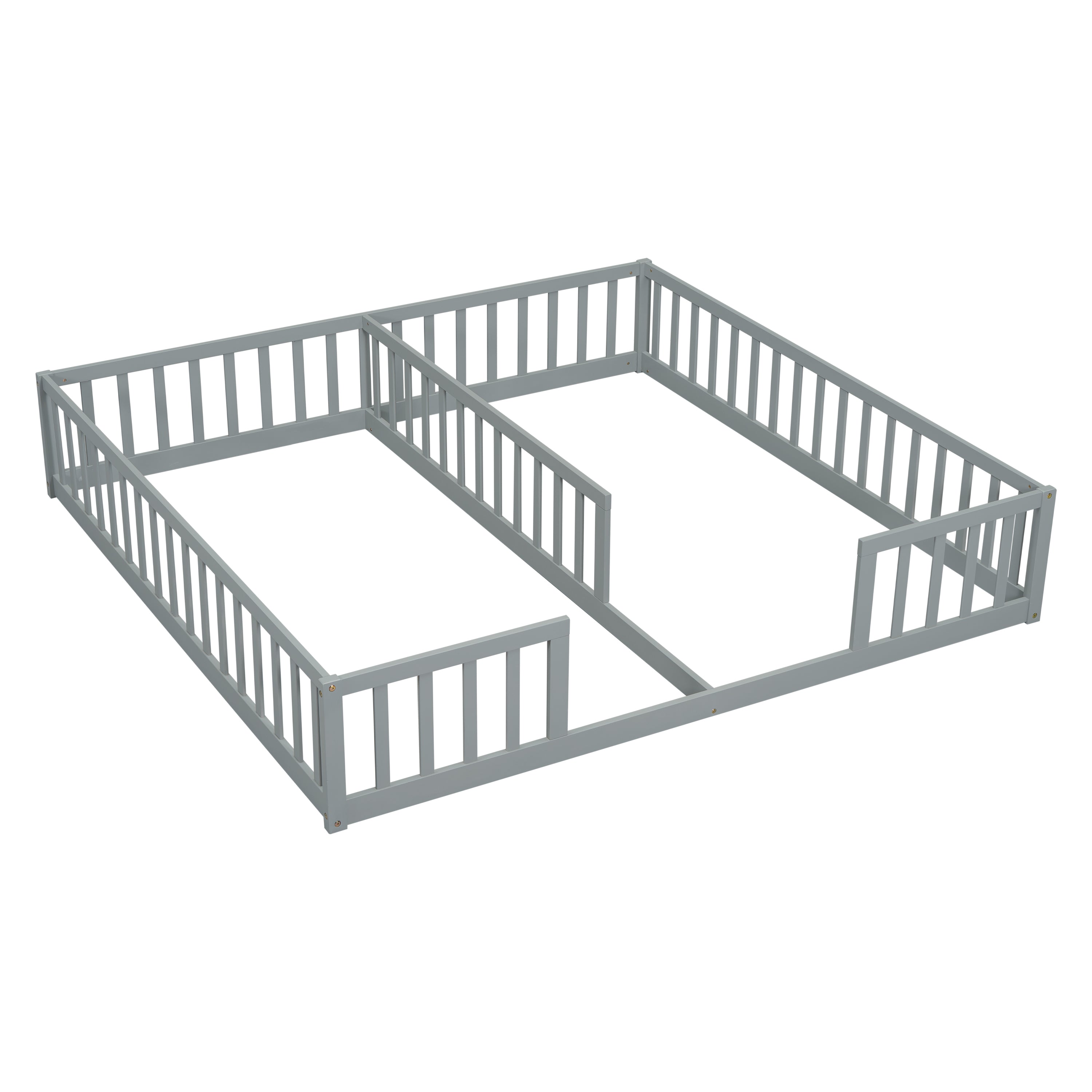 Double Twin Floor Bed with Fence, Guardrails, without door, Grey