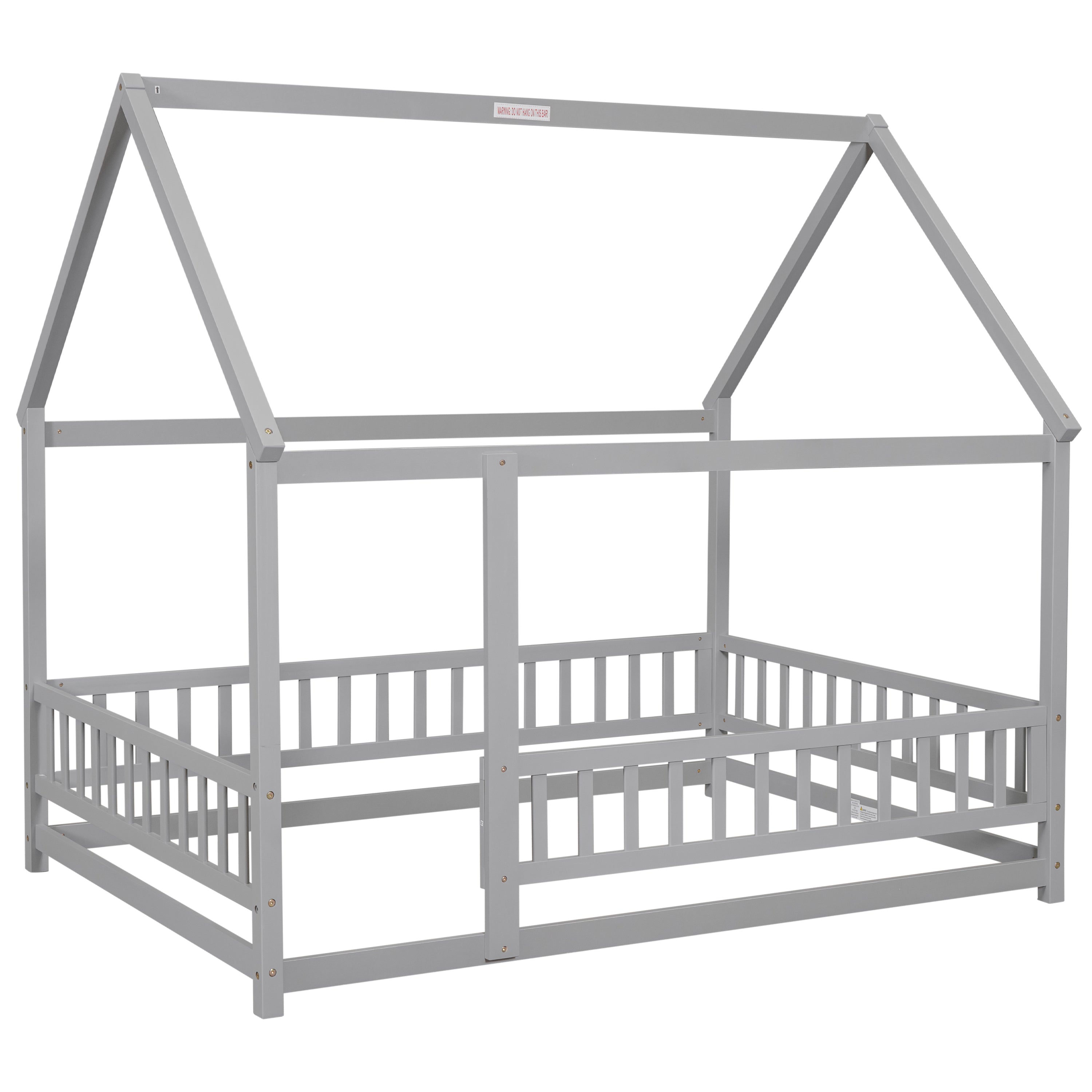 Full Size Floor Wooden Bed with House Roof Frame, Fence Guardrails ,Grey