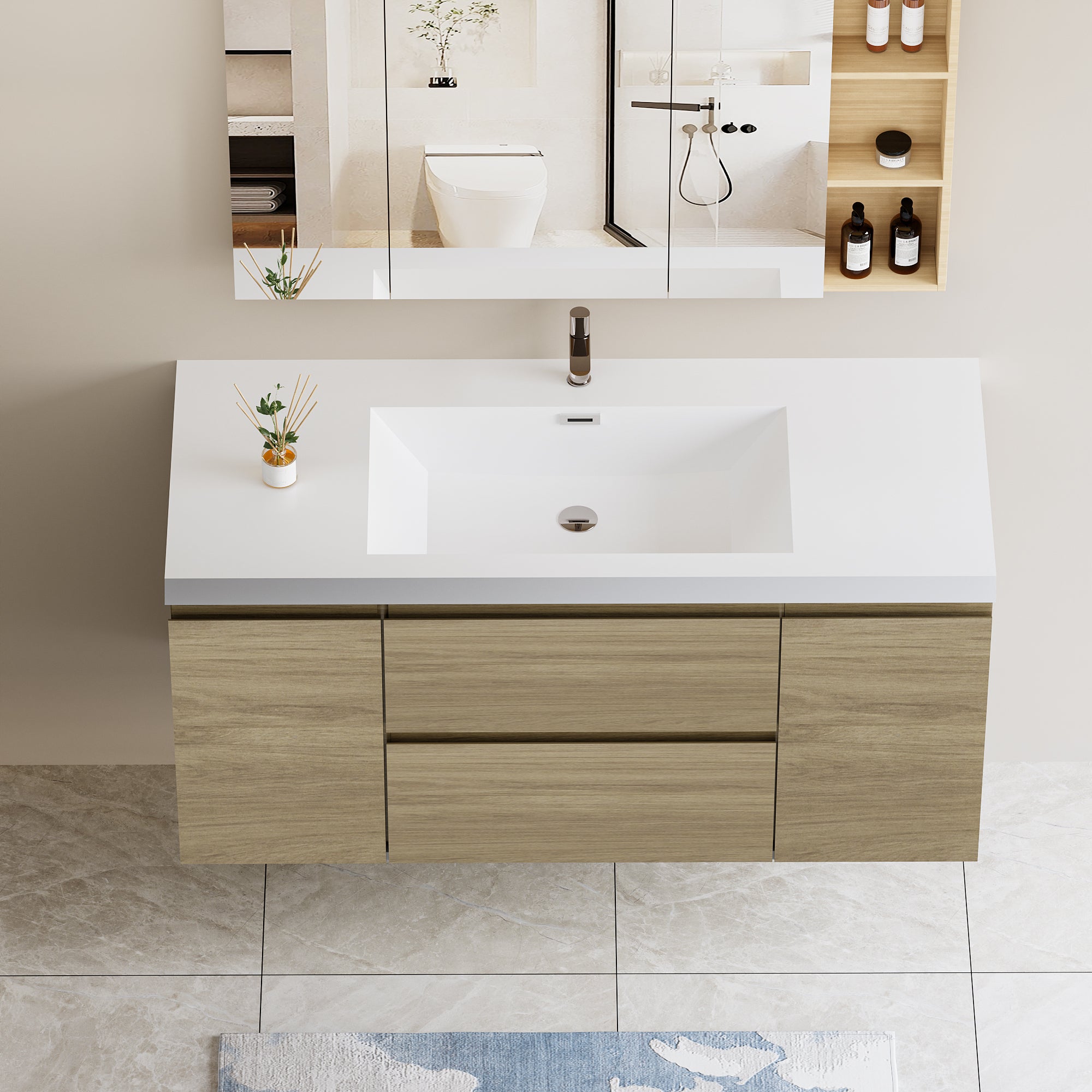 48" Floating Bathroom Vanity with Sink, Modern Wall-Mounted Bathroom Storage Vanity Cabinet with Resin Top Basin and Soft Close Drawers, Natural Oak 24V11-48NO