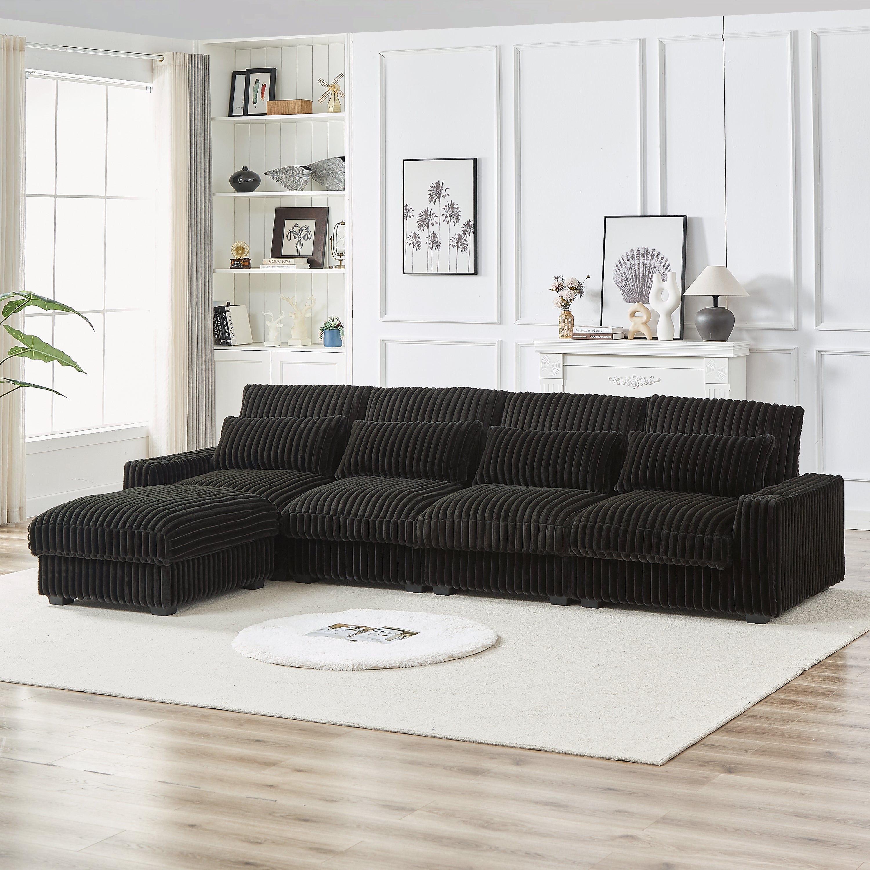 126-inch Corduroy With Cup Holder Super Large L-Shaped Sofa, Movable Footrest, Four Waist Pillows And Four Back Cushion, With USB Port And Type-C Port