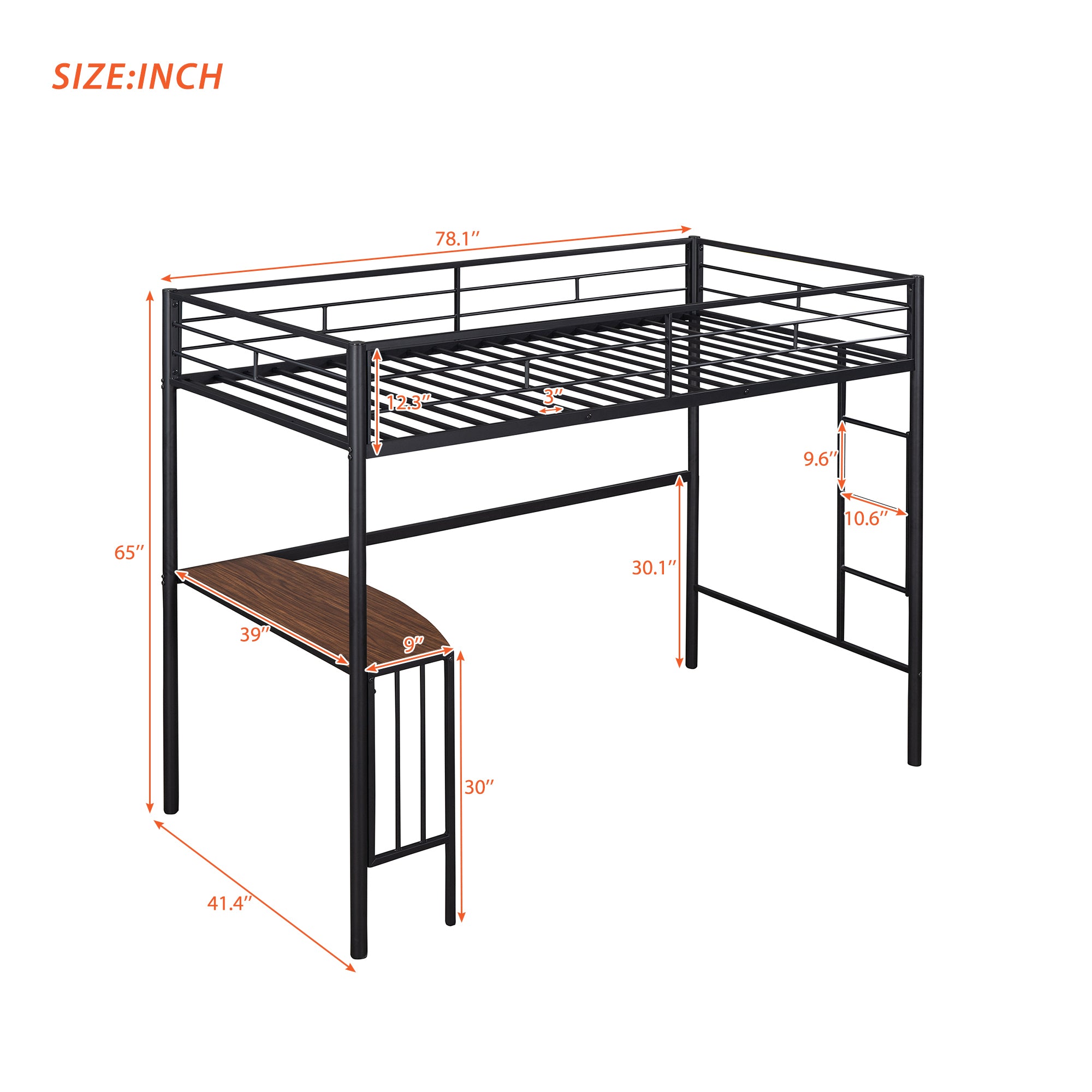 Twin Metal Loft Bed with Desk, Ladder and Guardrails, Loft Bed for Bedroom, Black(OLD SKU : MF195191AAB)