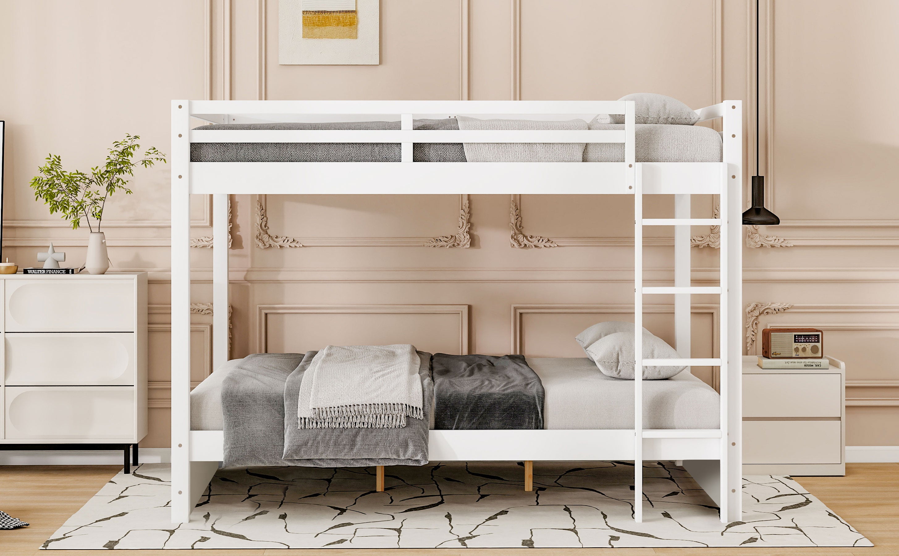 White wood bunk bed slat support detail
