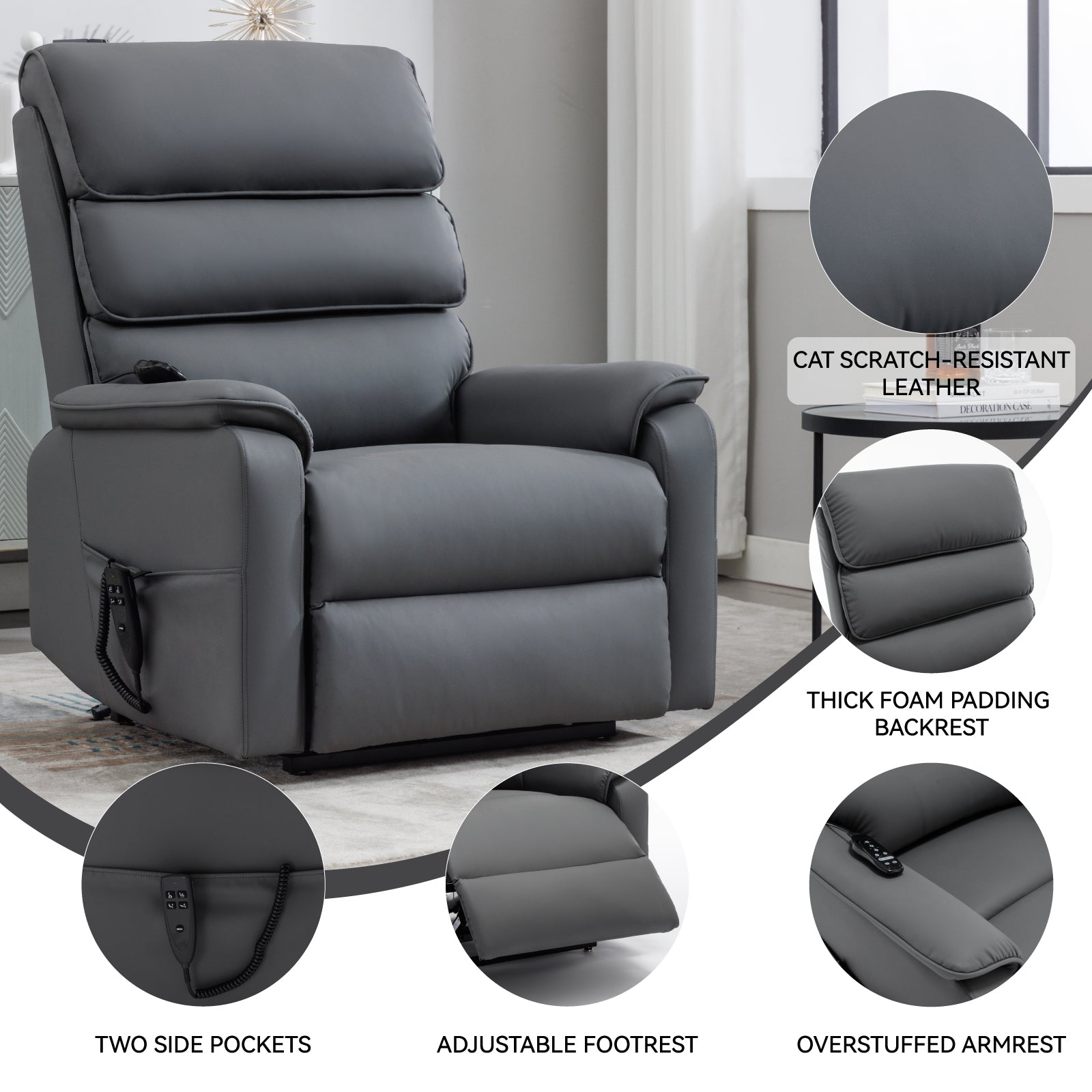 Grey Cat-proof Leather Dual Motor Infinite Position Up to 350 LBS Power Lift Recliner Chair with Power-Remote, Heat Massage and Heavy Duty Motion Mechanism