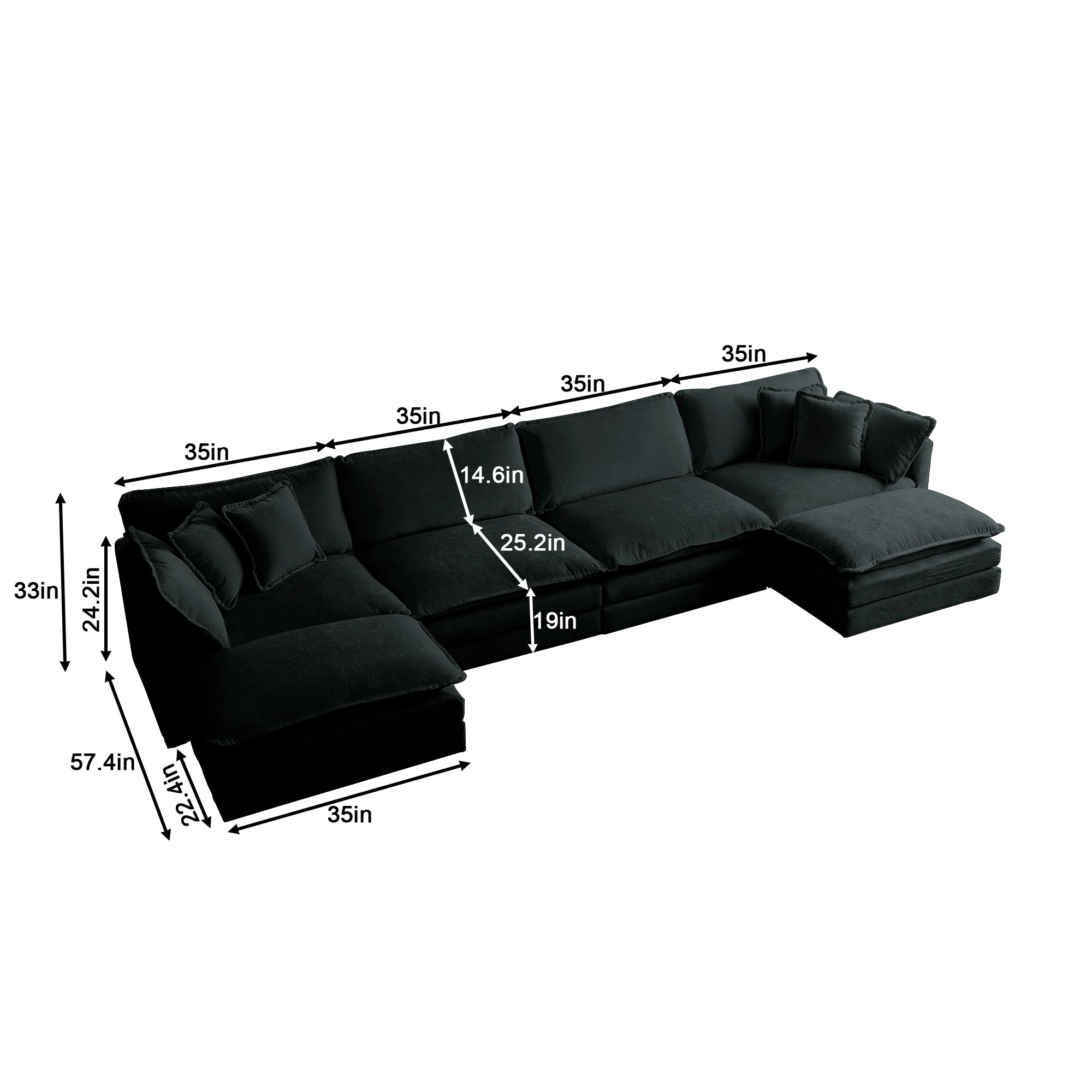 Comfort U Shaped Couch with Reversible Chaise, Modular Large U-Shape Sectional Sofa, Double Extra Ottomans,Black Chenille