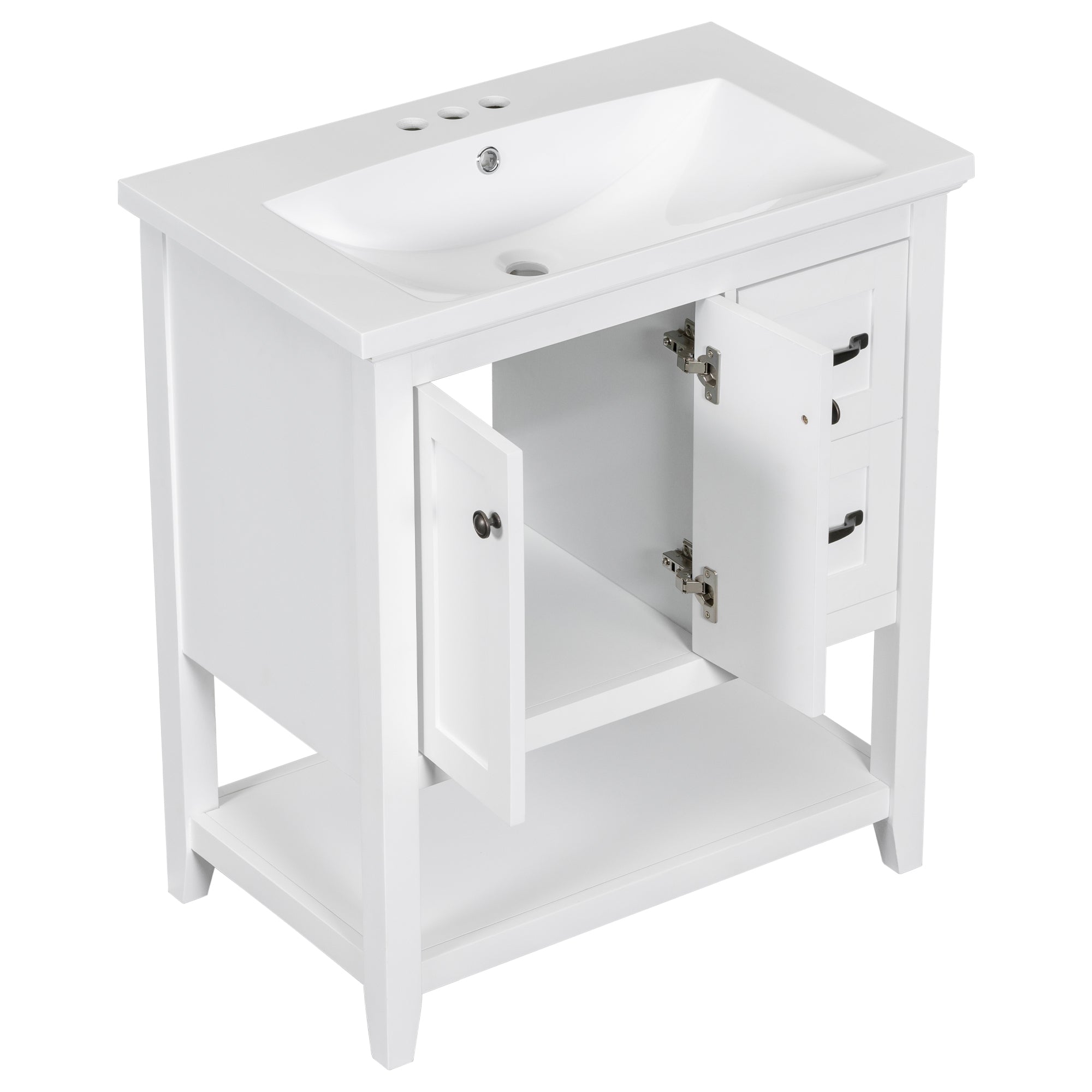 30" Bathroom Vanity with Ceramic Sink Top, Vanity Cabinet with Multi-Functional Drawer, Solid Wood Legs, White