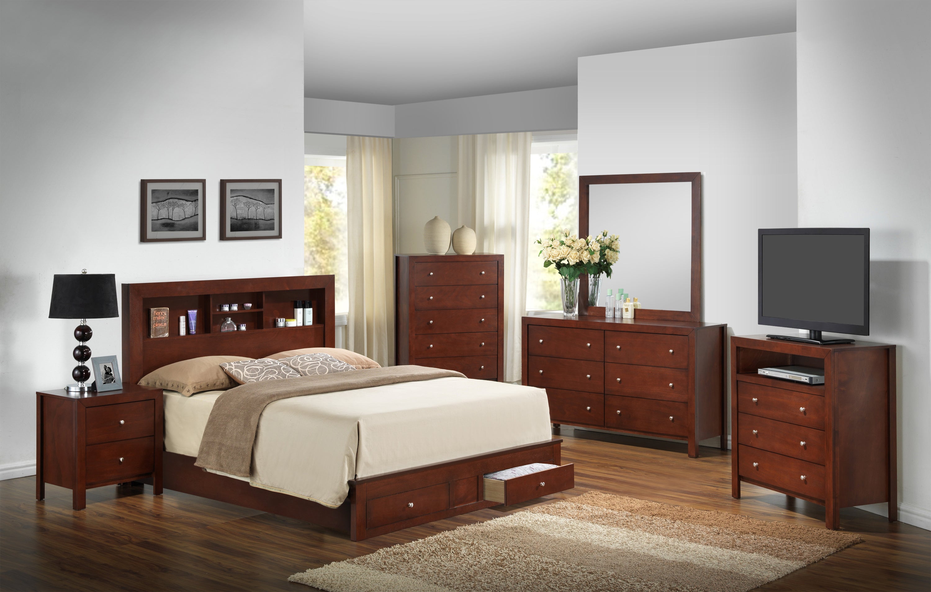 Elegant Twin Bed With Storage In Cherry Finish