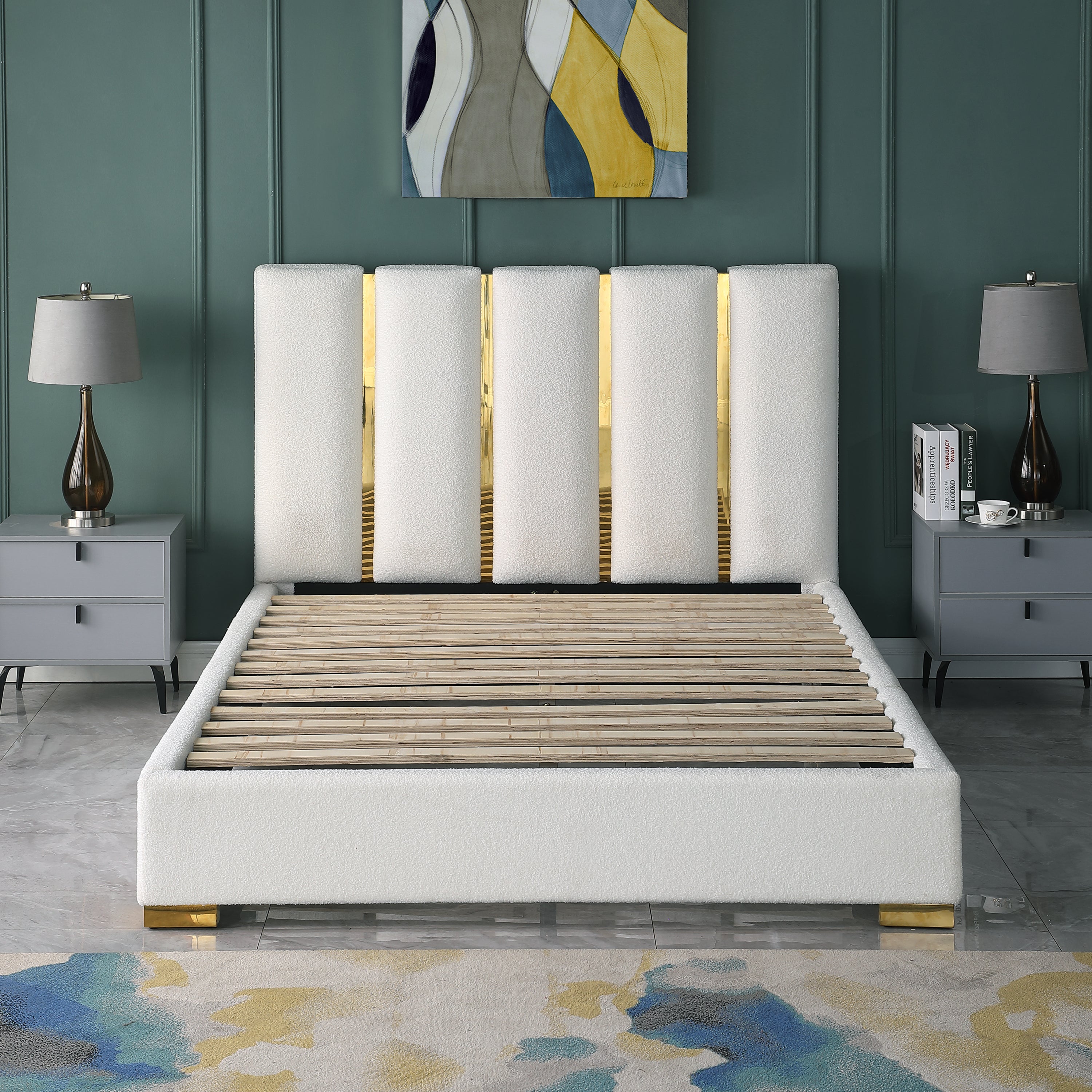 Contemporary Velvet Upholstered Bed, Solid Wood Frame, High-density Foam, Gold Metal Leg, King Size