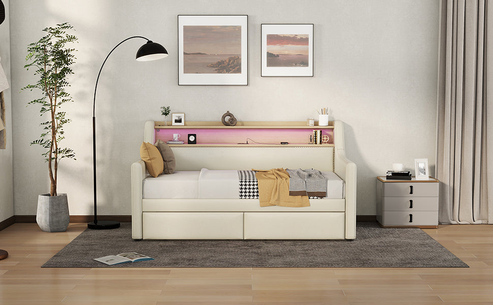 Twin Size Daybed with Storage Drawers, Upholstered Daybed with Charging Station and LED Lights, Beige (Old Item W1580S00022)