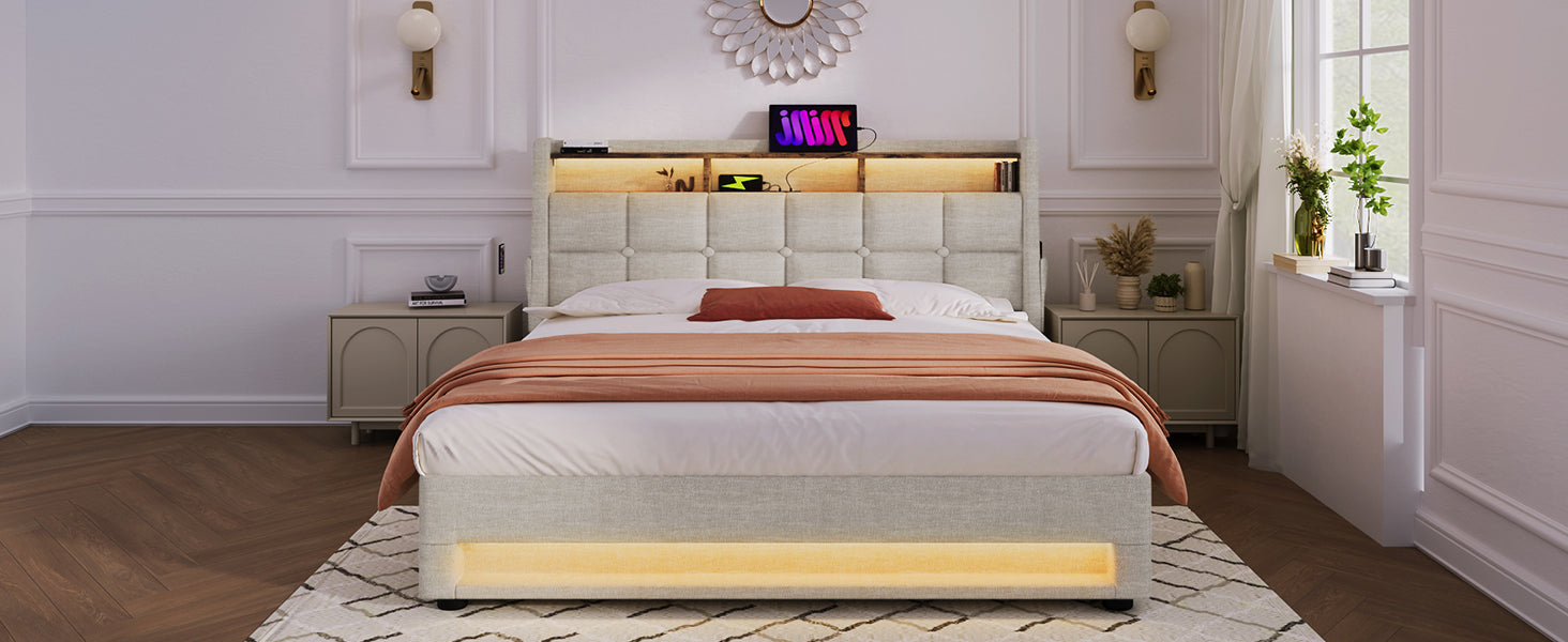 Queen size Upholstered Platform bed with a Hydraulic Storage System, LED and USB Charging, Natural (without mattress)