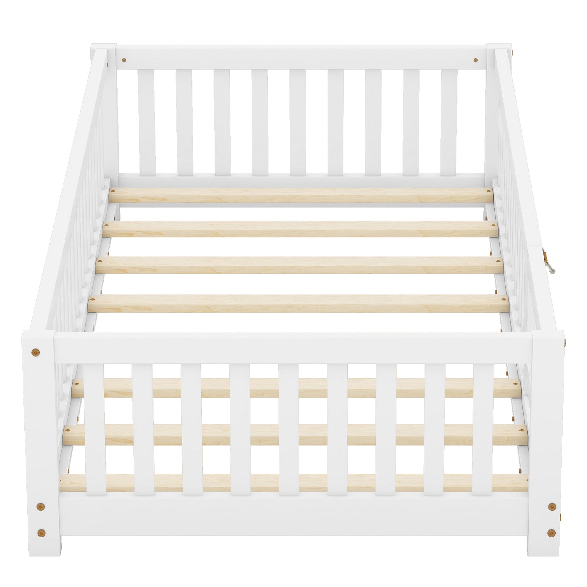 Twin Size Bed Floor Bed with Safety Guardrails and Door for Kids, White(Old SKU:W158090683)