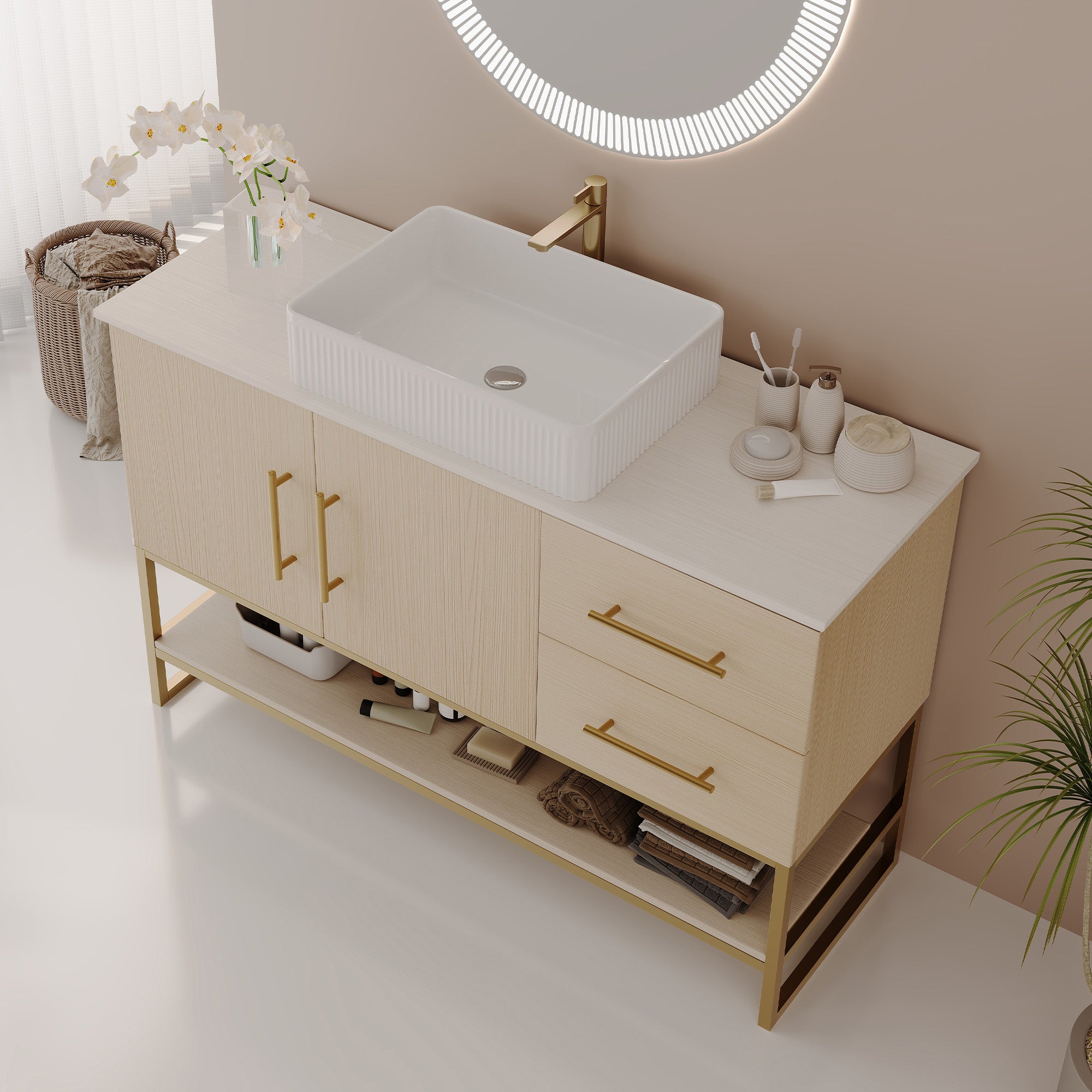 Ceramic vessel sink and gold-accent freestanding vanity cabinet, storage detail view