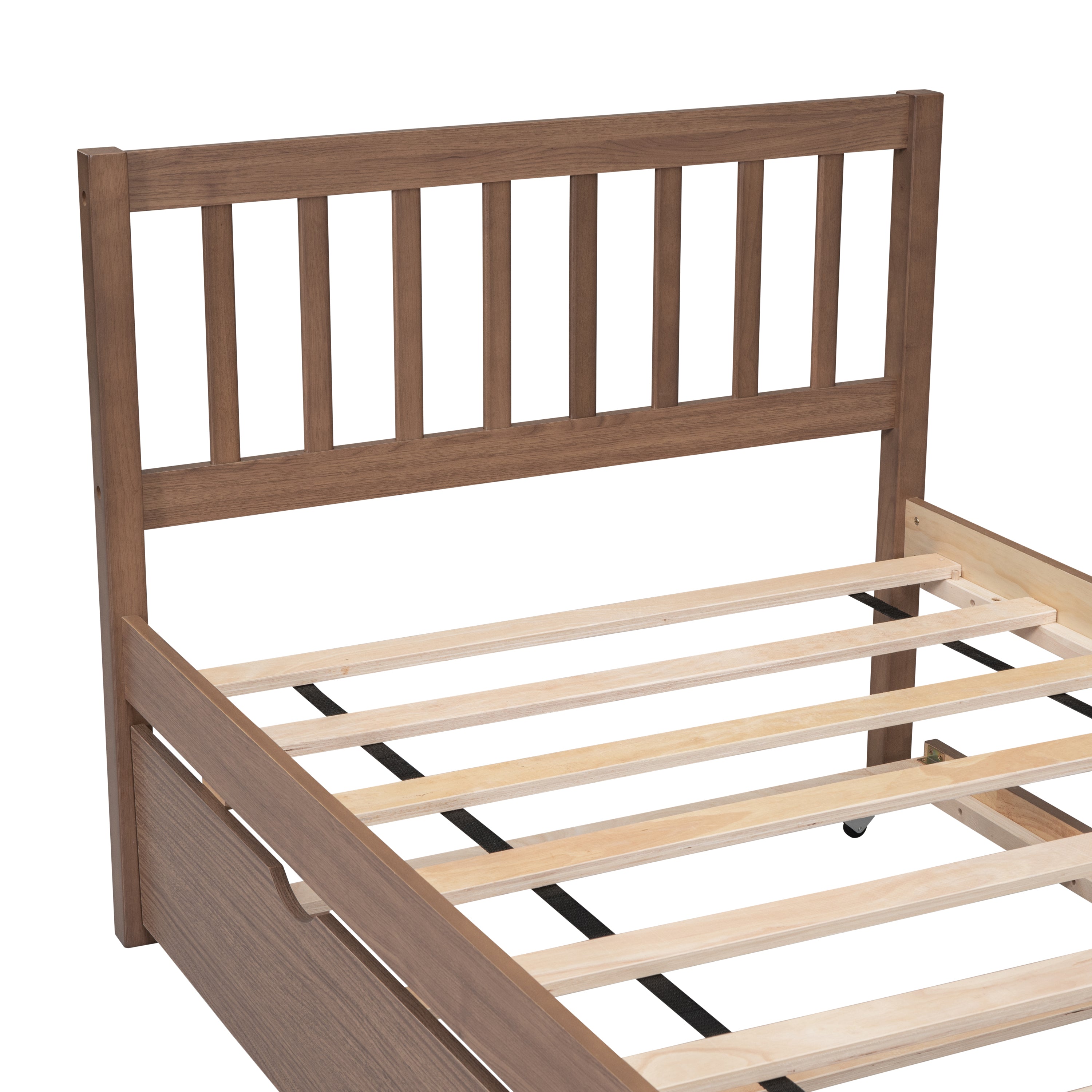 Modern Design Wooden Twin Size Platform Bed Frame with Trundle for Walnut Color