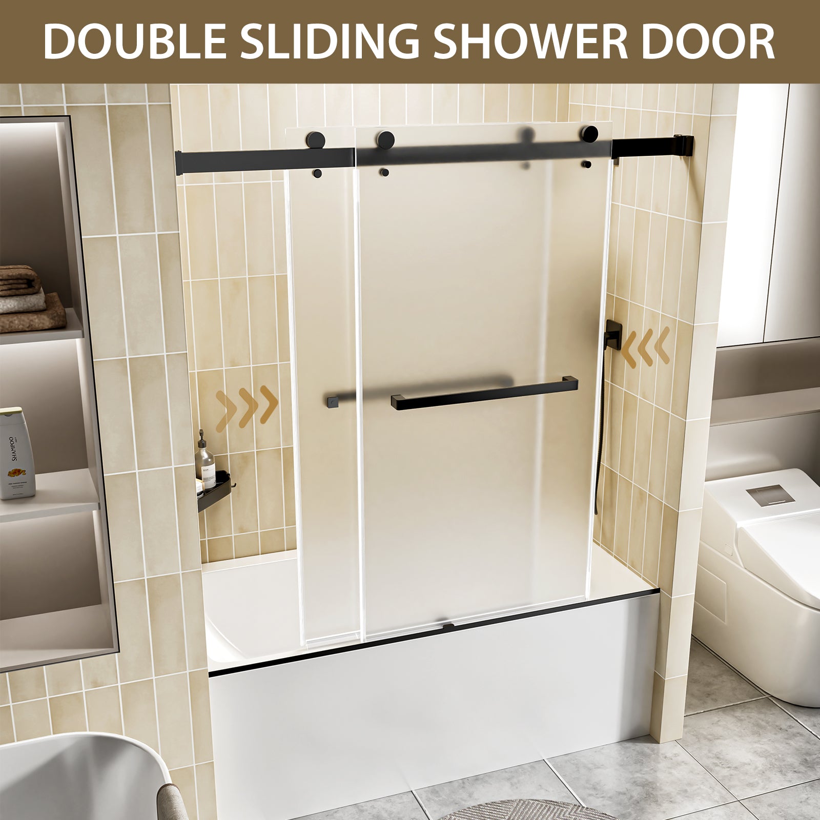 56-60 x 60 in Frosted Frameless Double Sliding Shower Door - 56-60 x 60 in / Frosted Glass / Matte Black view 3