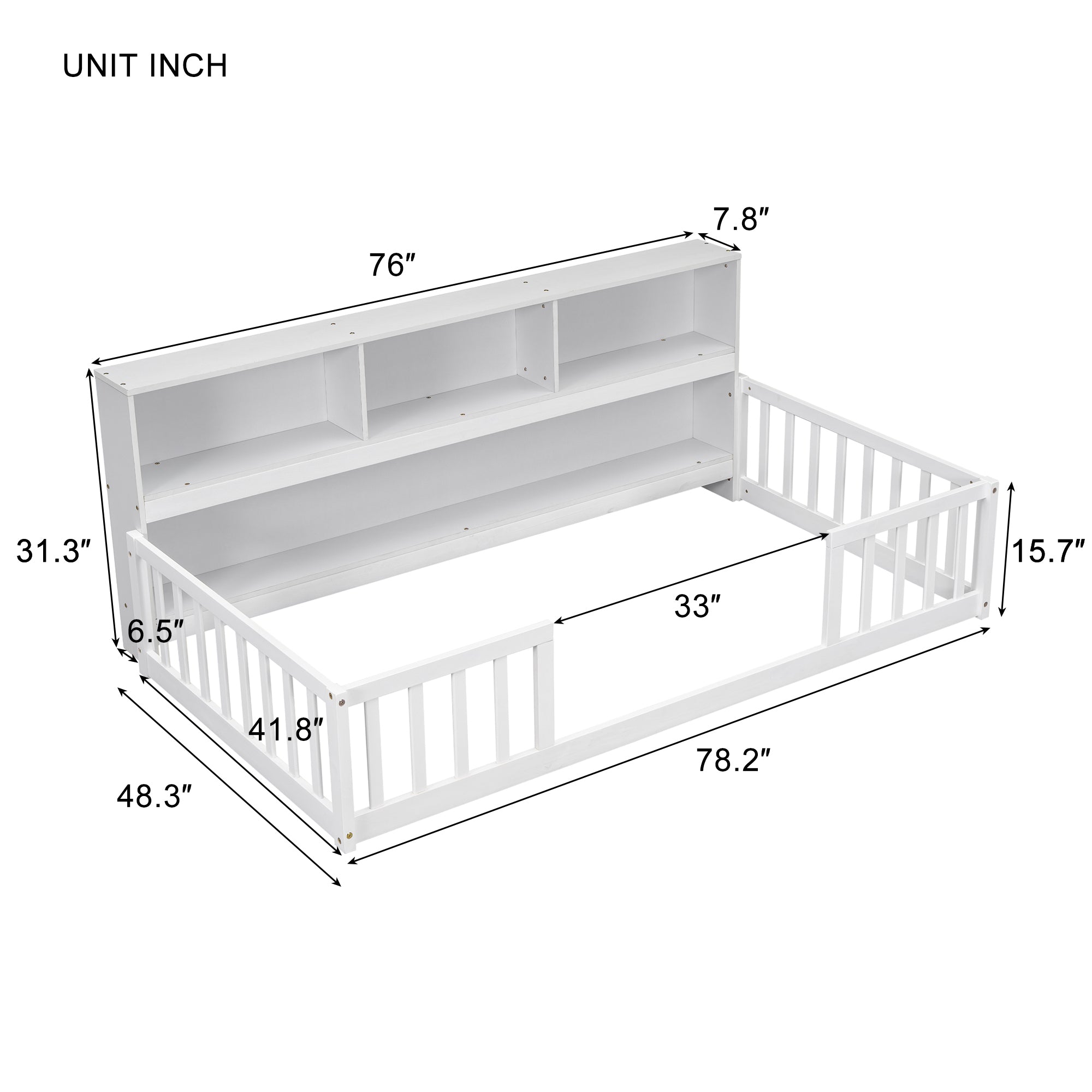 Twin Floor Bed with  Bedside Bookcase,Shelves,Guardrails,White