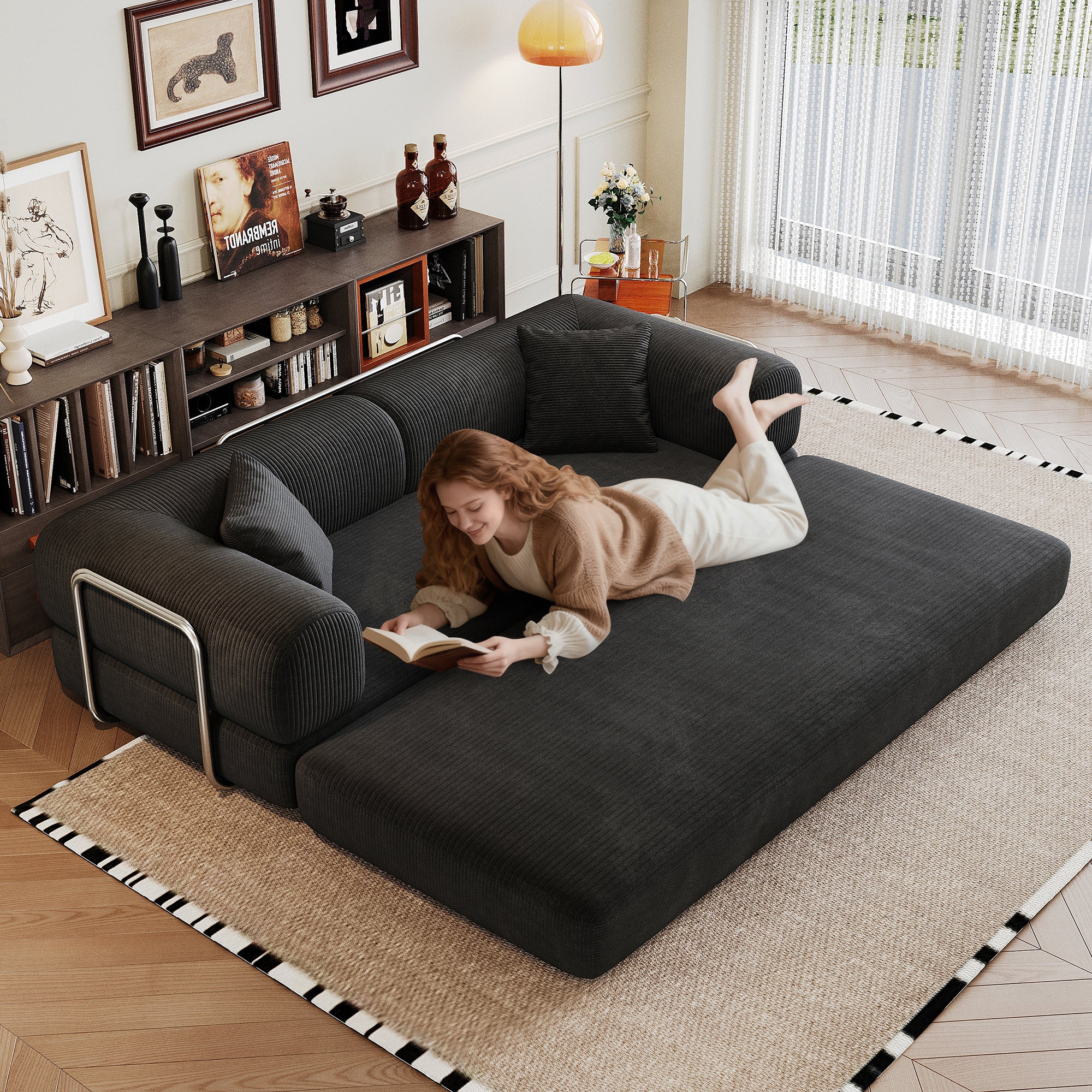 Black corduroy boneless floor sofa in living room setting