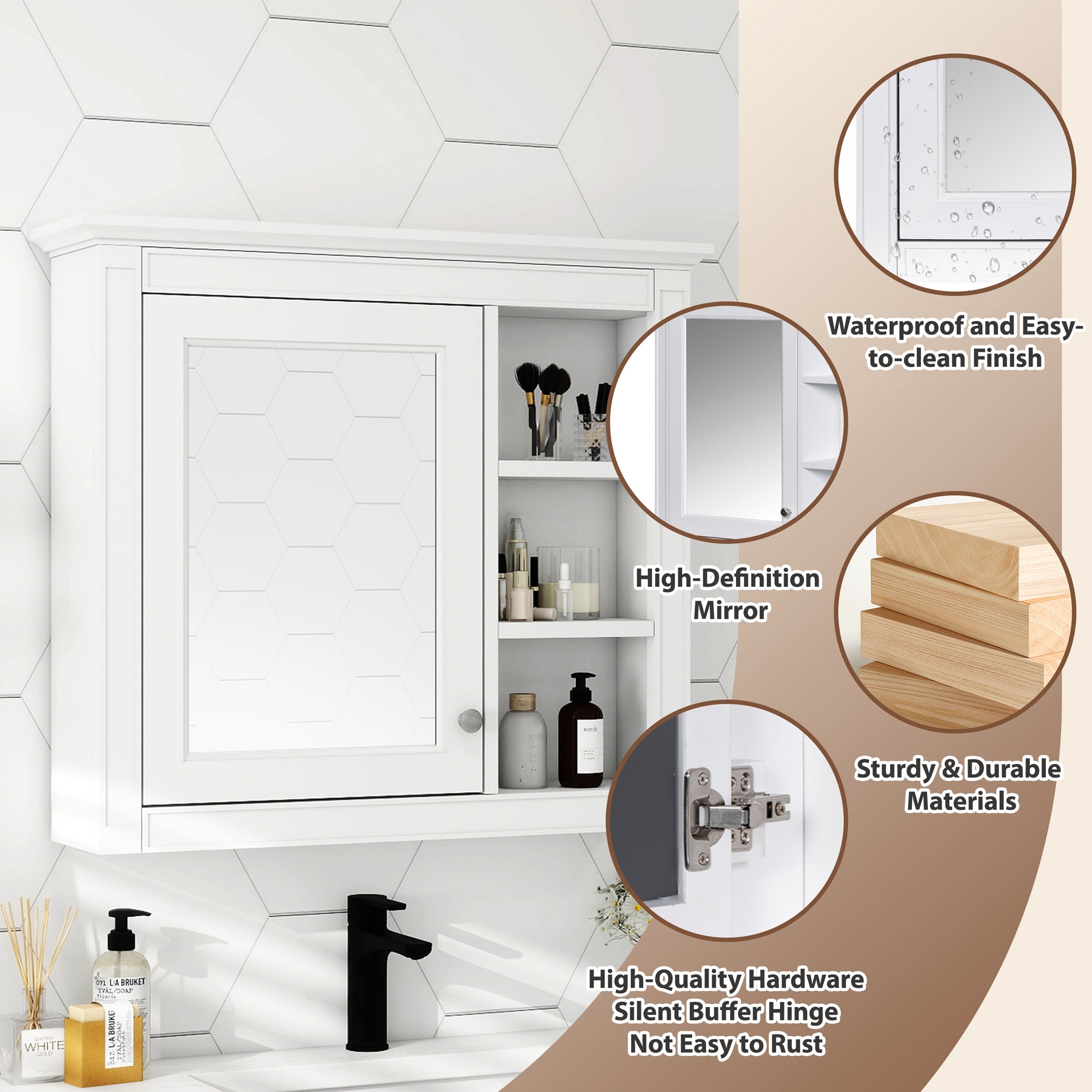 Modern medicine cabinet mirror open shelves, styled bathroom view