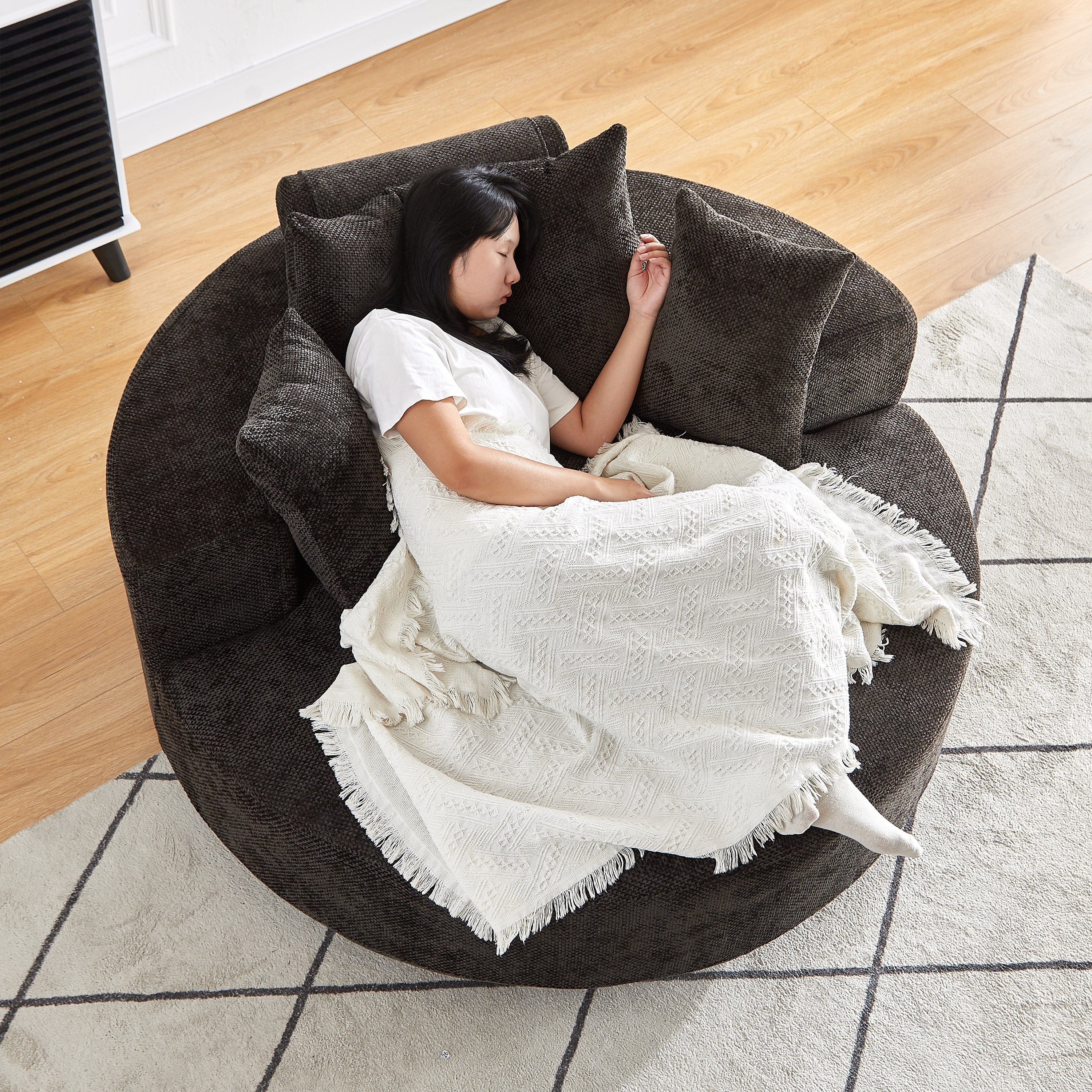 55''L Chenille Foam Single Swivel Chair, Fluffy Modern Sleeper, 360 Degree Swivel Chair for Living Room, Bedroom, Lounge and Projection Room