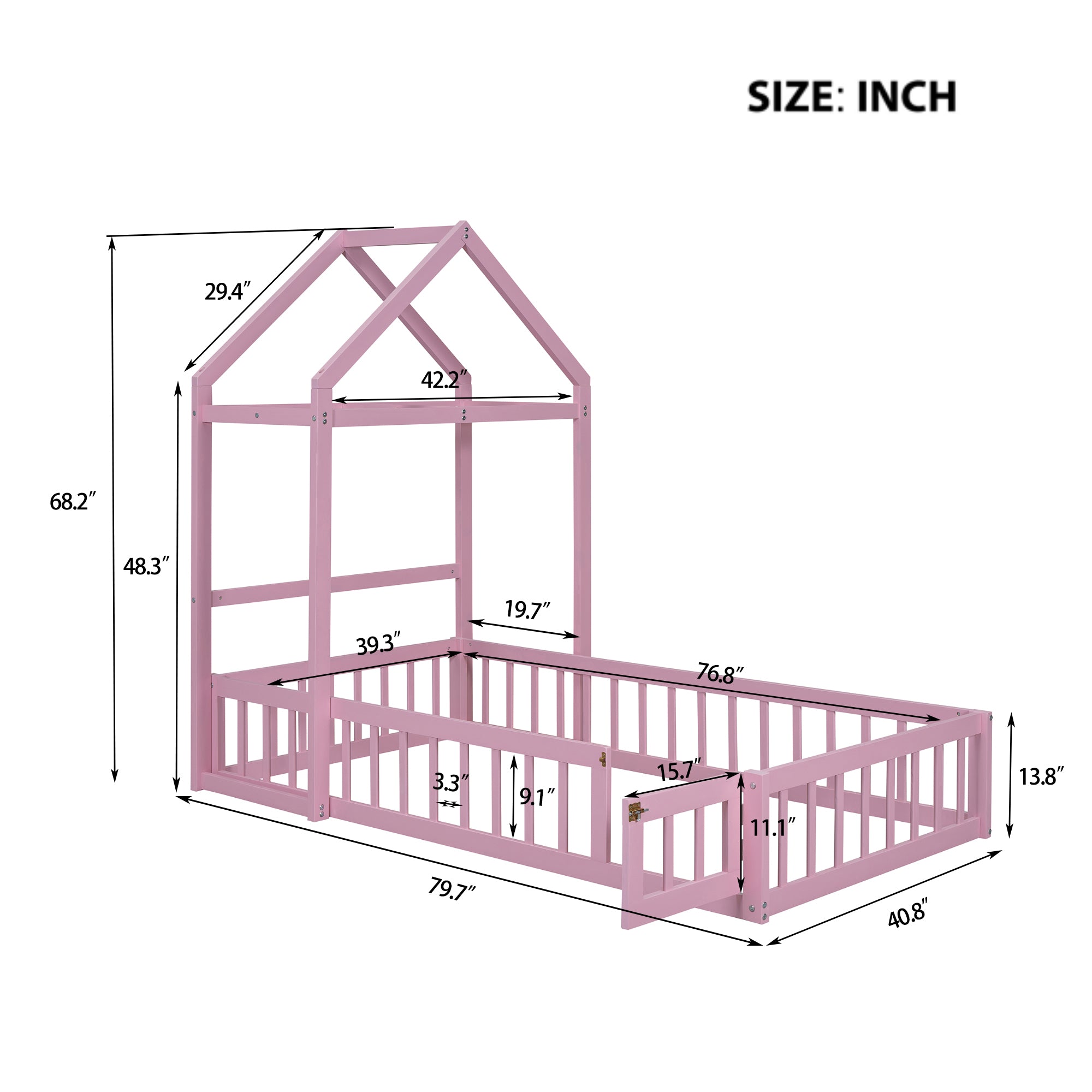 Wooden Floor Bed with Fence Railings and Detachable House Shape Headboard, Twin Size Bed with Kids Dress Up Rack, Kids Montessori Style Playhouse Frame for Girls Boys, Pink