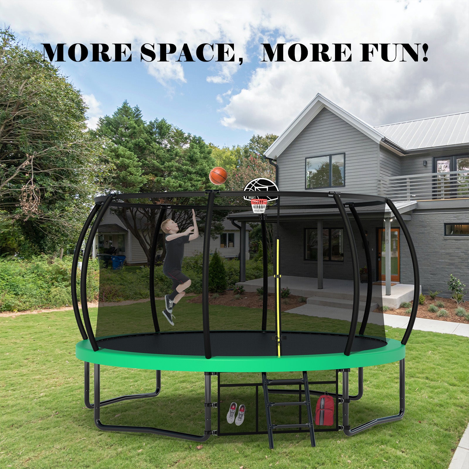 14FT Trampoline with Enclosure - Recreational Trampolines with Ladder and AntiRust Coating, ASTM Approval Outdoor Trampoline for Kids