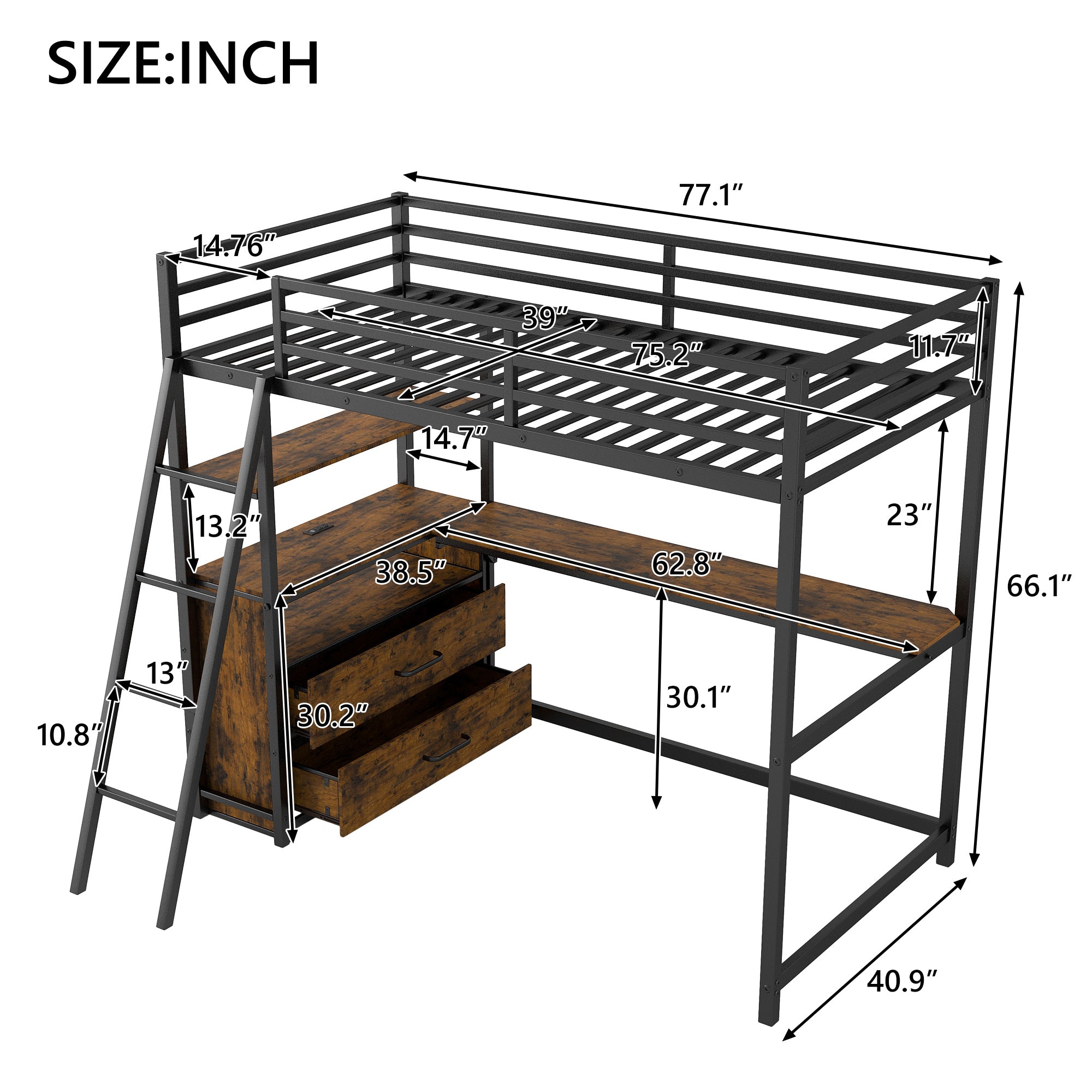 Twin Size Metal&Wood Loft Bed with Desk and Shelves, Two Built-in Drawers, LED Light and USB Charging Station, Black