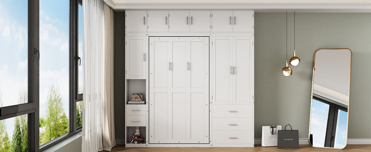 Twin Size Murphy Bed with Lockers and Wardrobes, With installation video, White