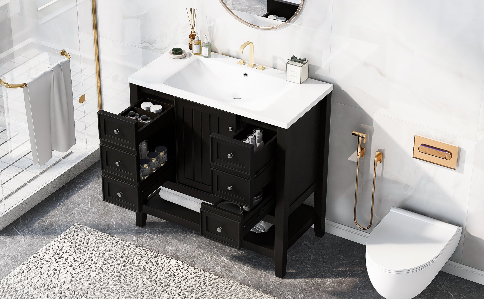 36" Bathroom Vanity with Sink Combo, One Cabinet and Three Drawers, Solid Wood and MDF Board, Black