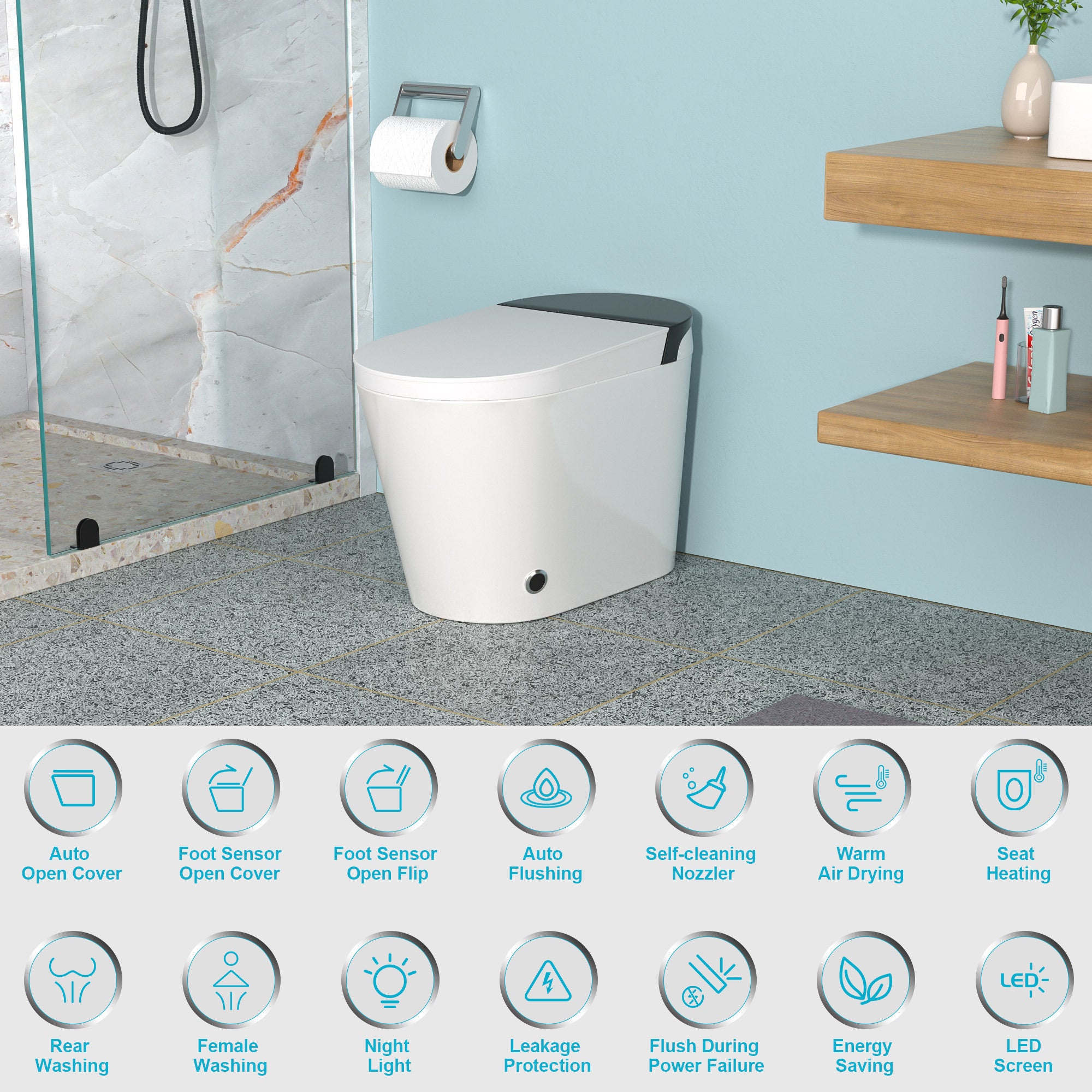 Smart Toilet with Bidet Built in, Auto Open & Close, Elongated Heated seat, Foot Sensor Flush, LED Display, Warm Water Wash, Dryer, Night Light